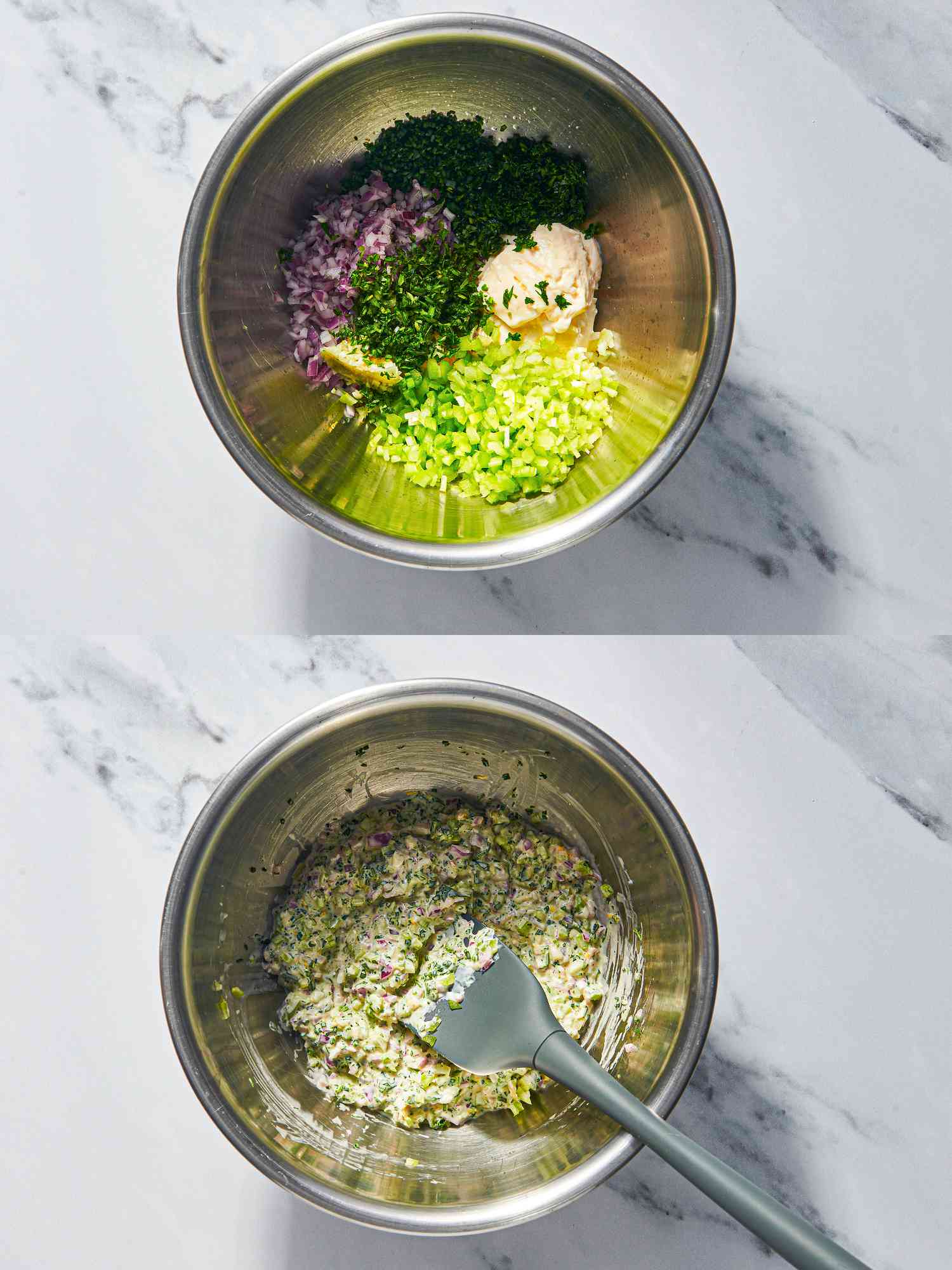 Two image collage of mixing mayo seasoning