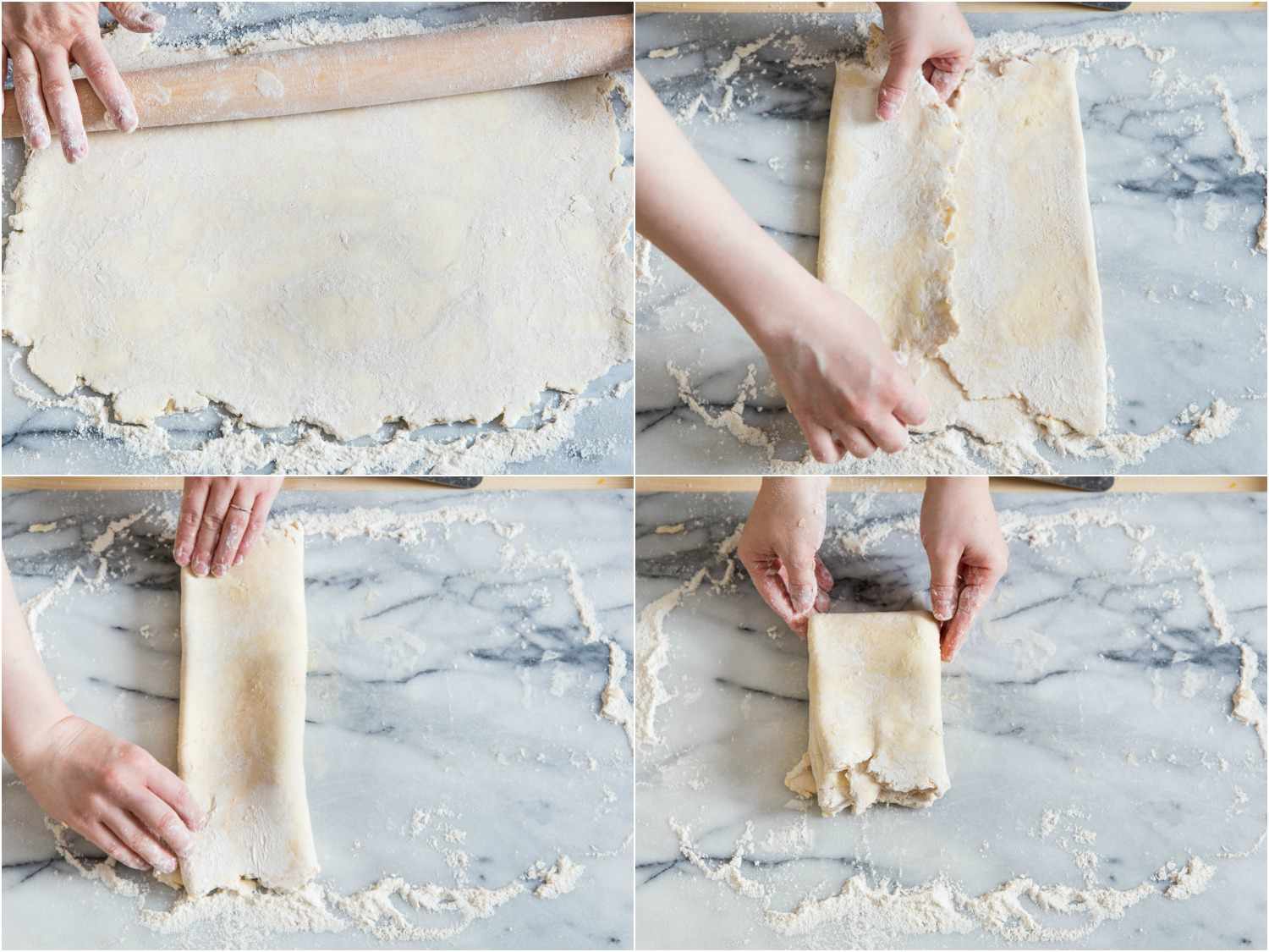 A four image collage. The top left shows dough being rolled out with a rolling pin into a rectangle. The top right shows the left end and right end of the dough folded in to the center. The bottom left shows the dough being folded like a book. The bottom right shows the dough being folded from the short, top edge, down. 