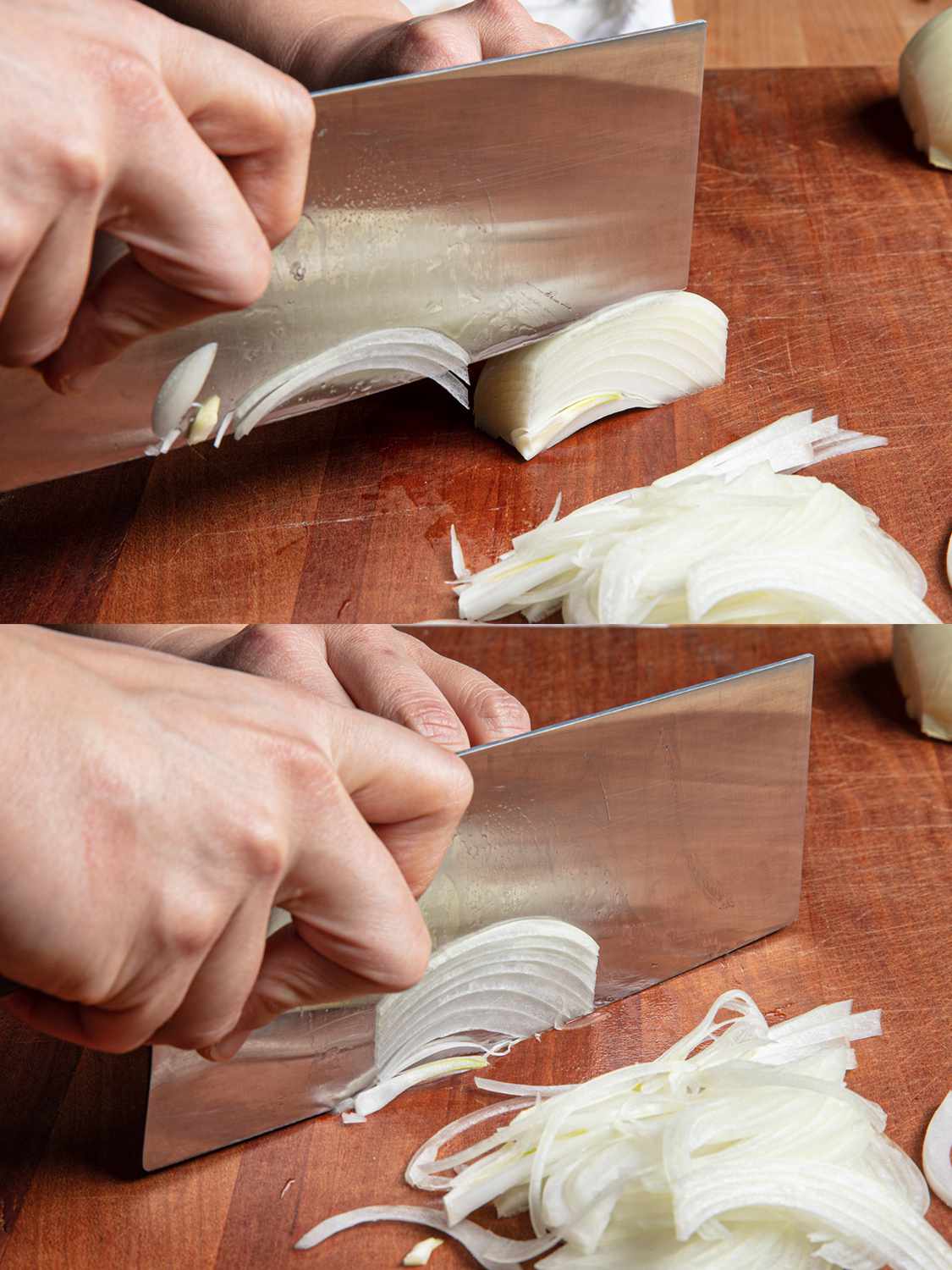 A two-photo collage of cutting an onion using the straight cut