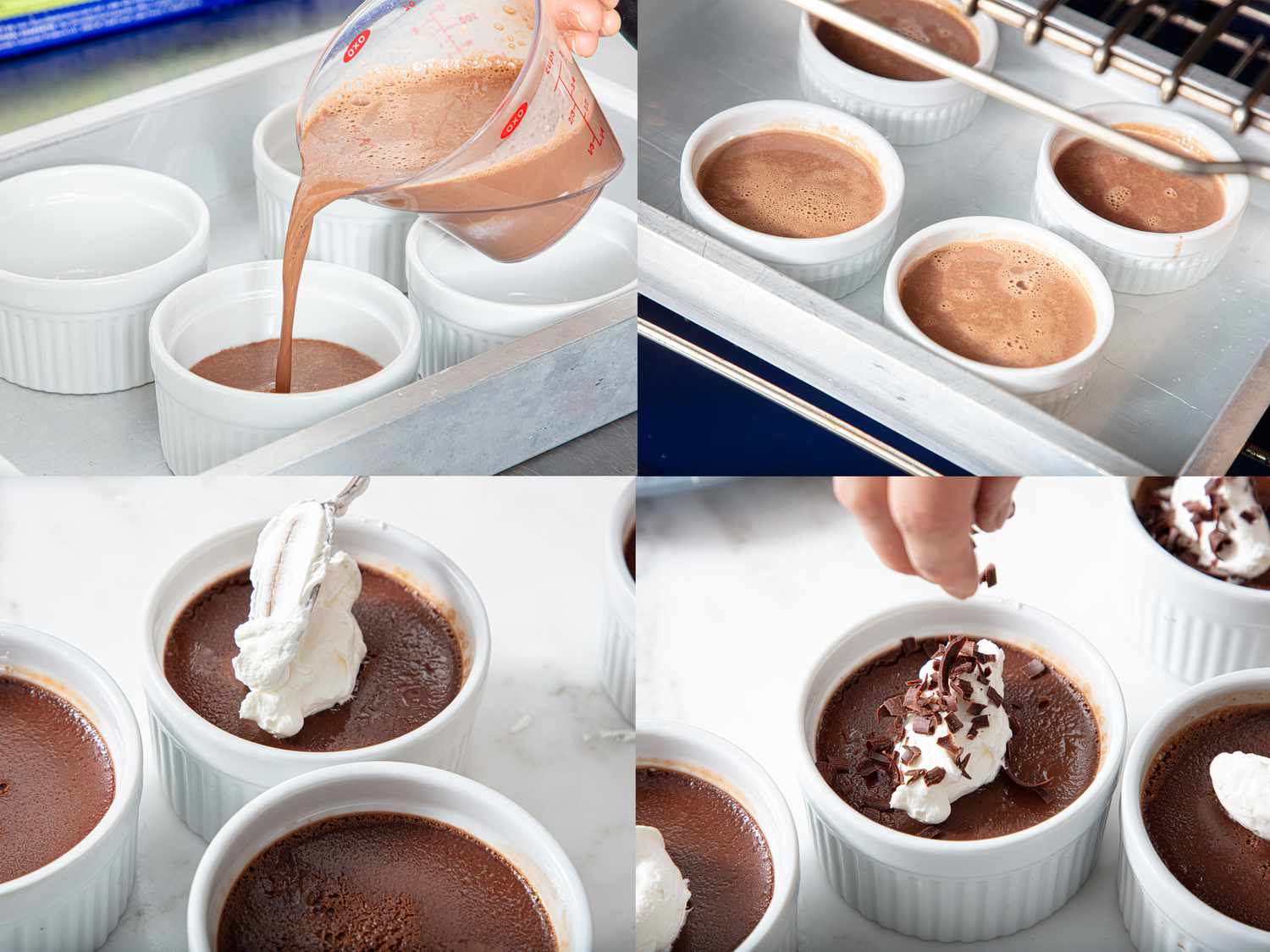 Four image collage of pouring chocolate mixture into ramekins and baking with water bath and garnishing