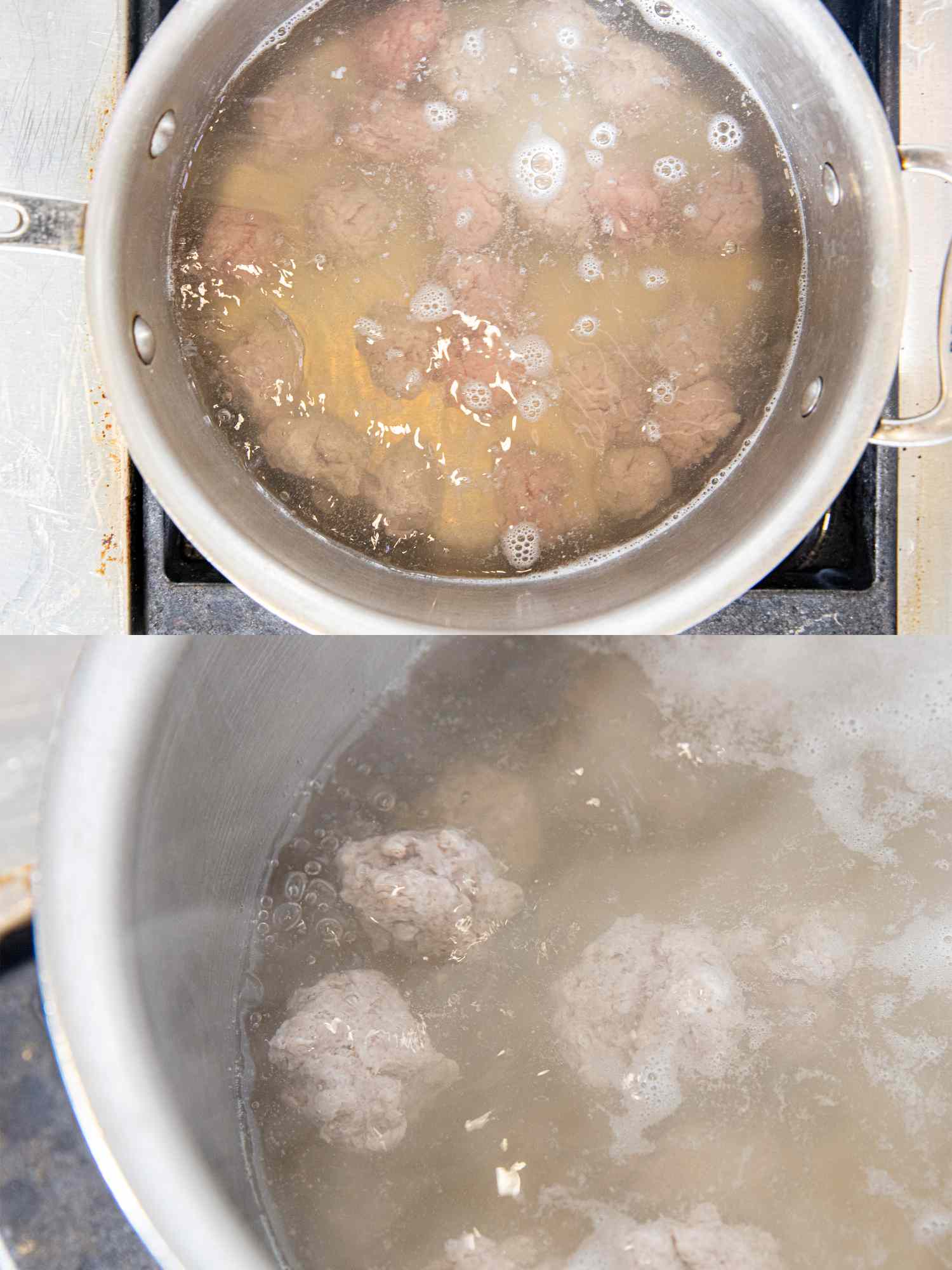Two image collage of cooking pork meatballs
