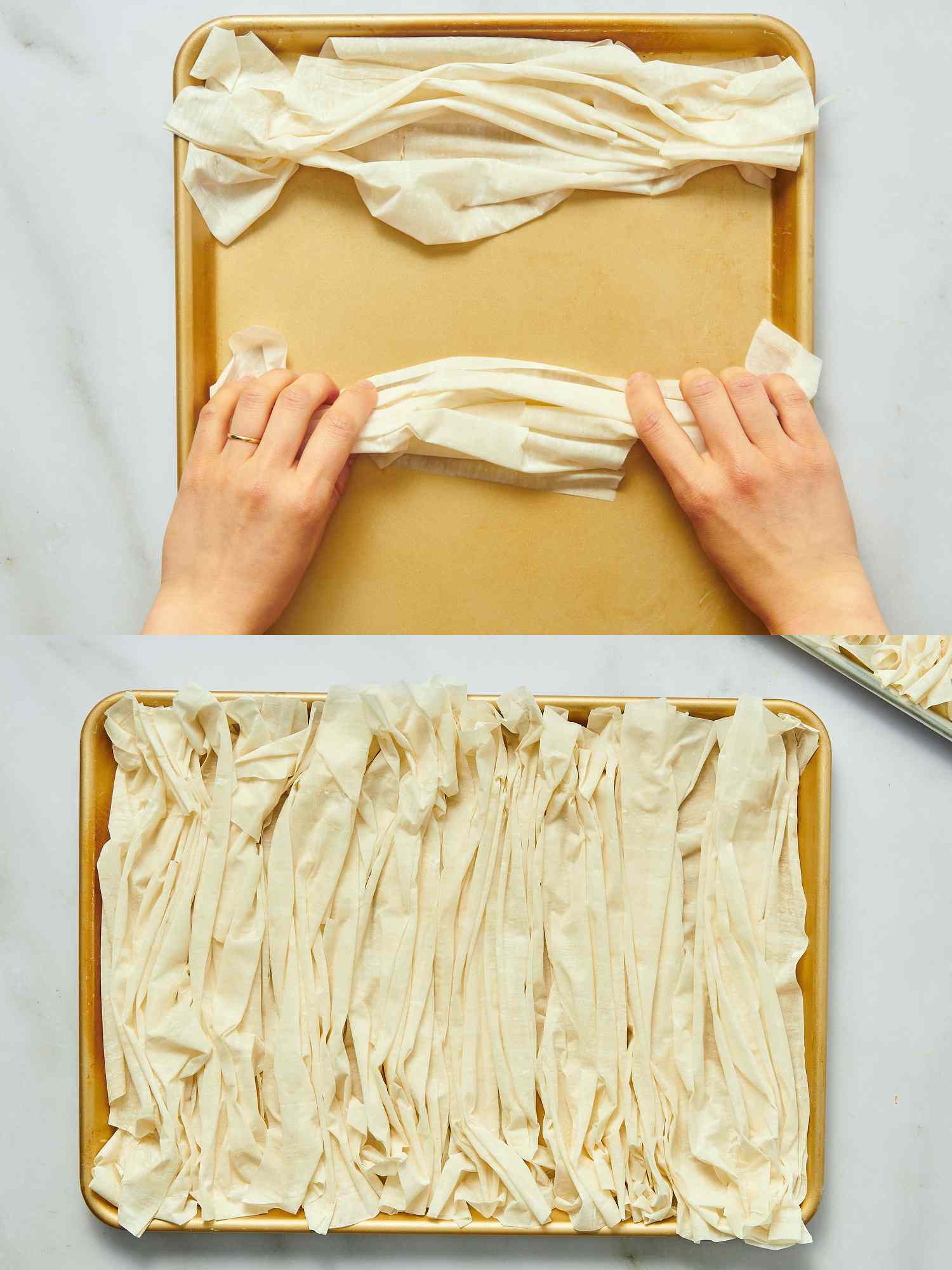 2 image collage. Top: Hands arranging phyllo dough strips on a baking sheet. Bottom: filodough scrunched together on a baking sheet