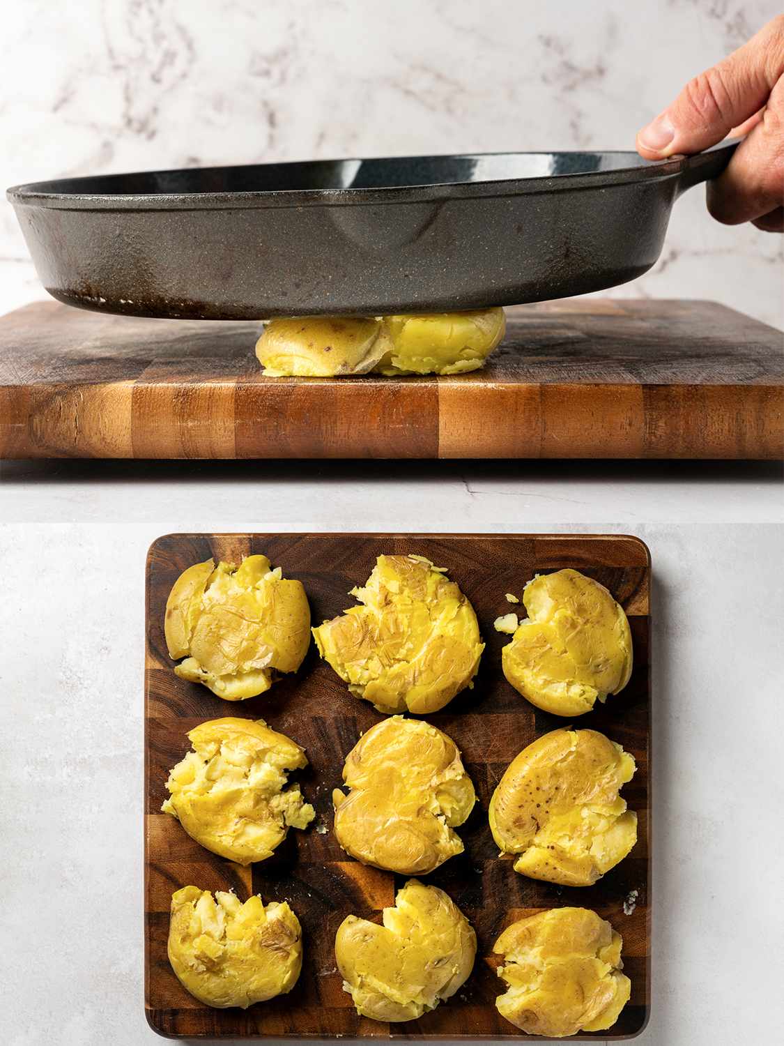 A two-image collage. The top image shows one of the boiled potatoes on a wooden cutting board, being crushed flat by a cast iron skillet. The bottom image shows a wooden cutting board with nine smashed potatoes lined up on it in a grid.