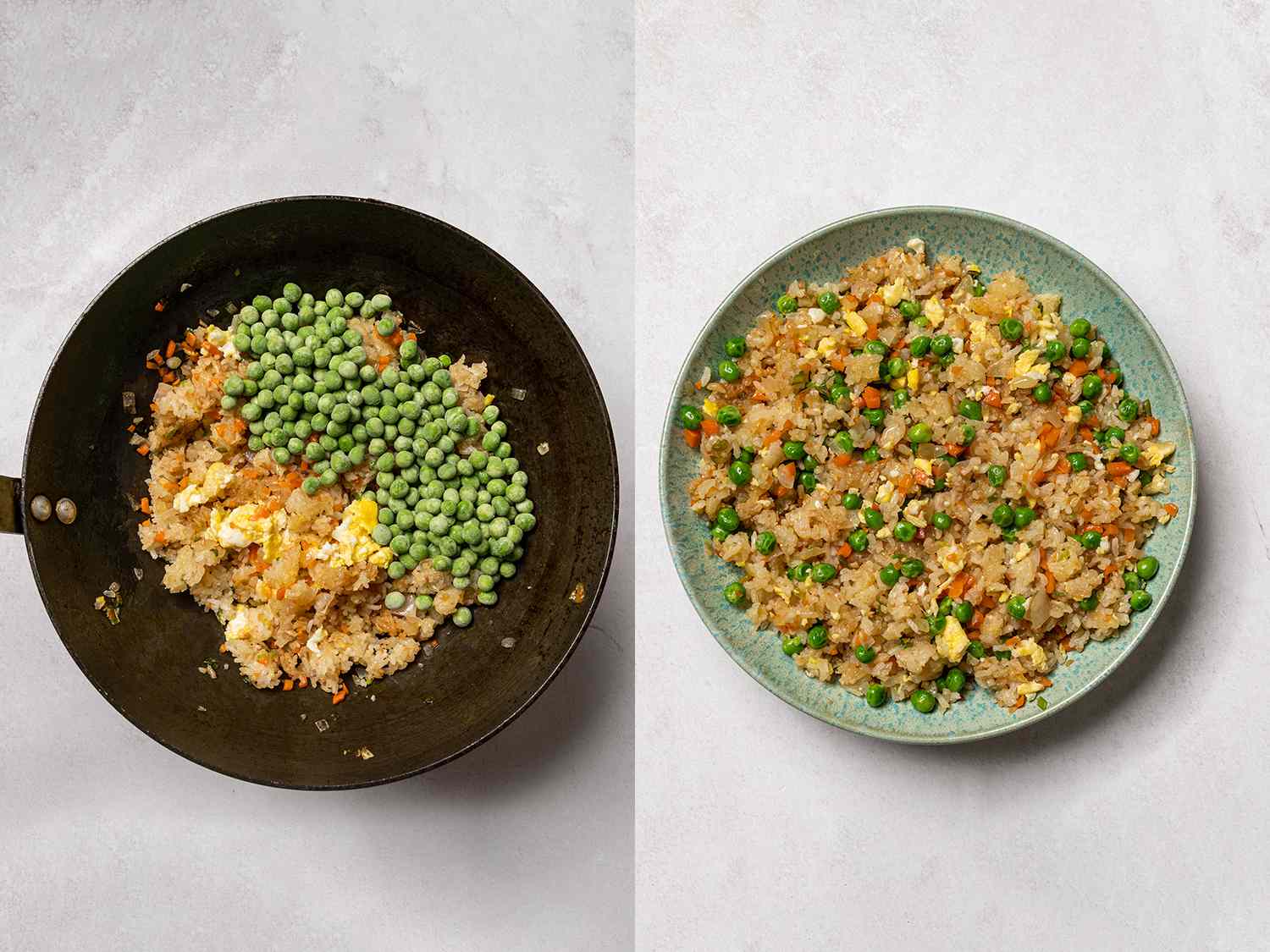 A two-image collage showing peas added to the wok, and then incorporated into the plated fried rice.