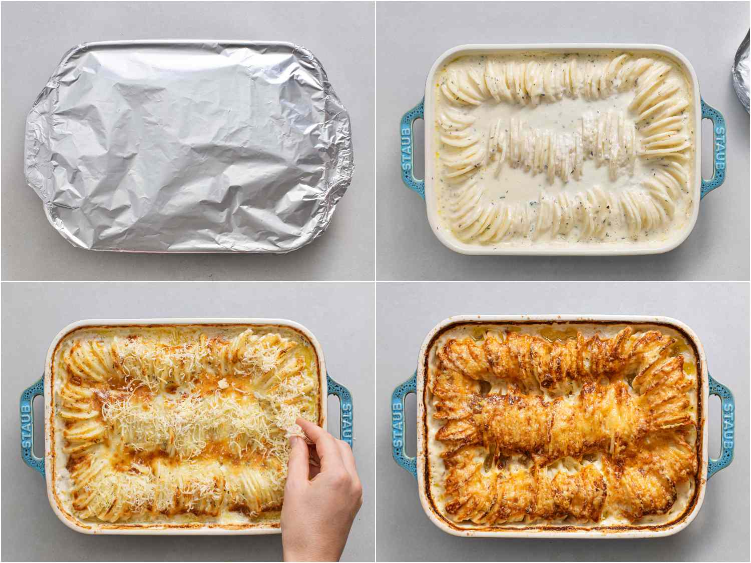Collage showing a Hasselback potato gratin going from being covered in foil, to uncovered and warm, to lightly golden-brown, to being fully browned.