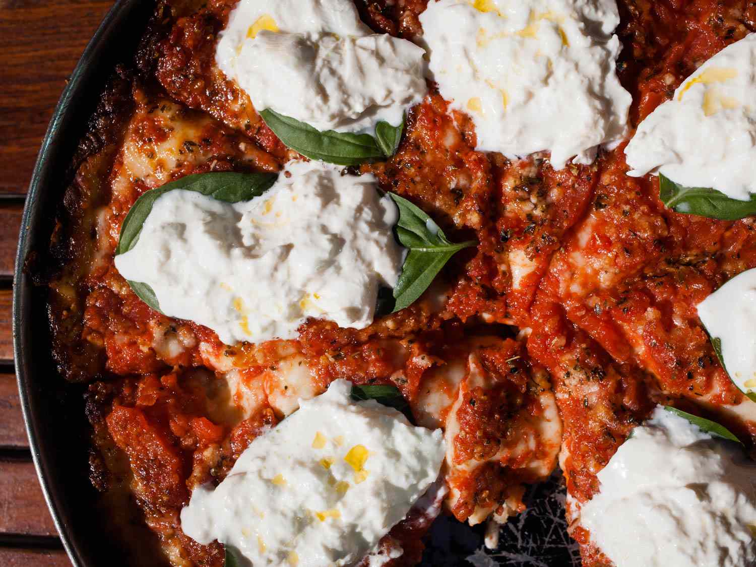 Closeup of a pizza at Labriola that's been topped with a ton of fresh ricotta.