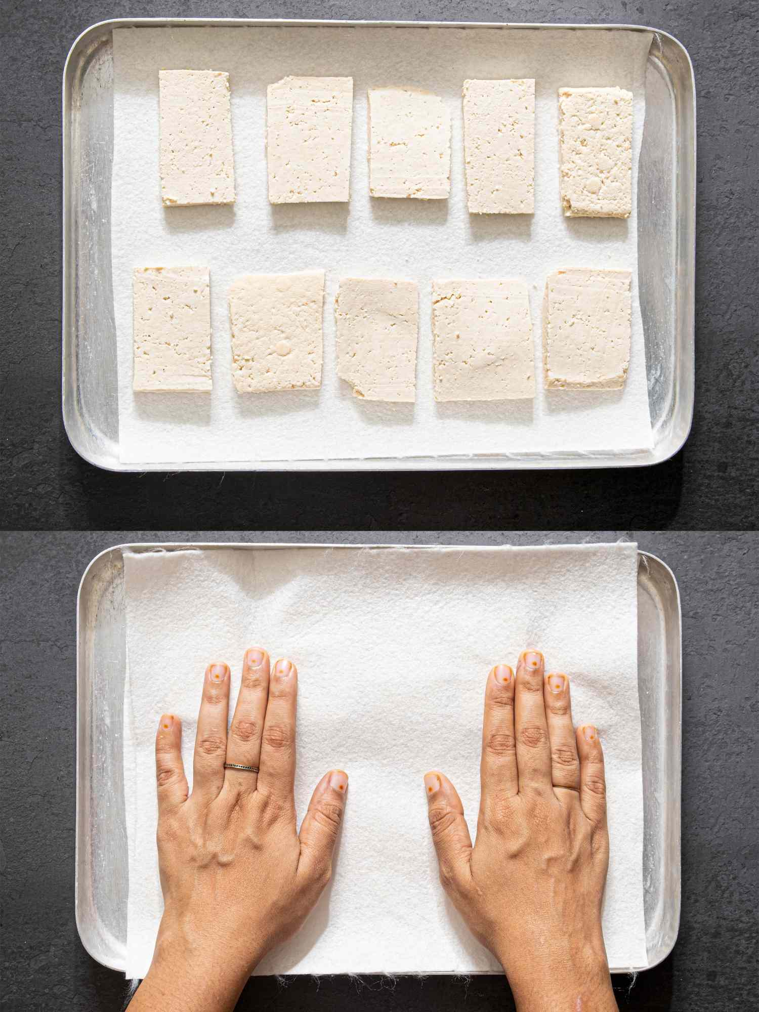 Twostep process of pressing tofu slices on a tray with paper towels hands pressing over the top layer of towels