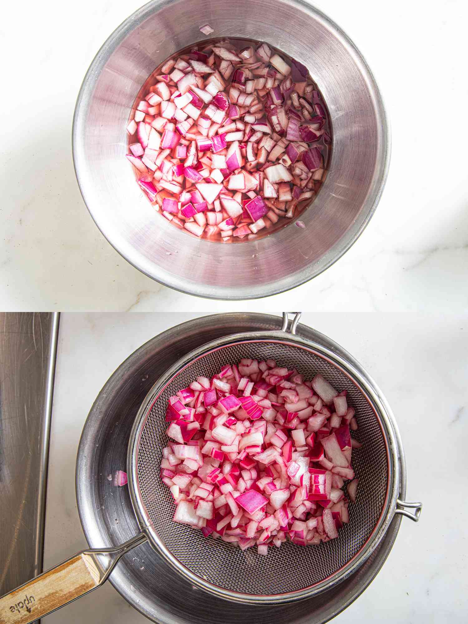 Two image collage of soaking and draining red onions