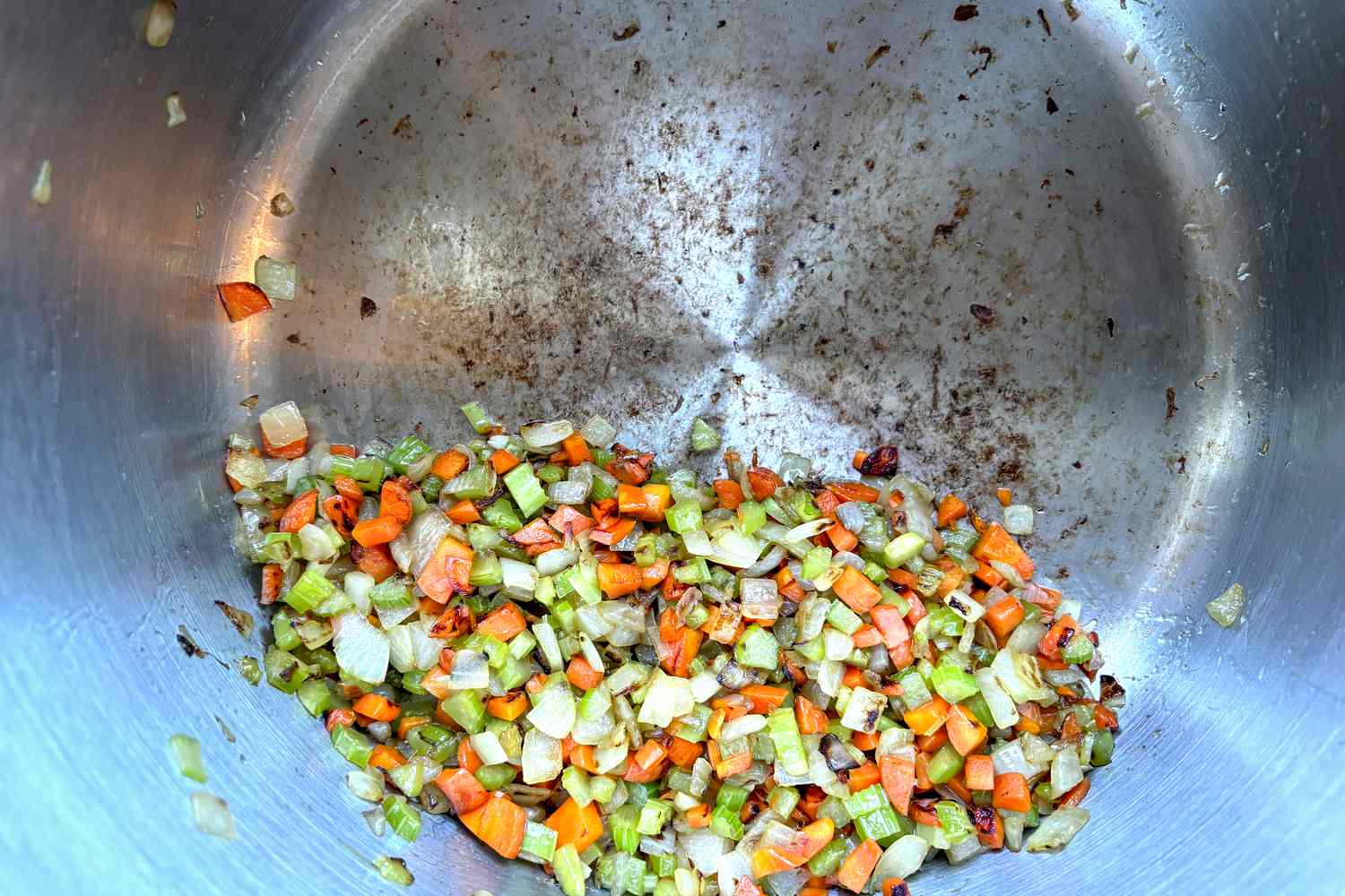 Cooked mirepoix in the Vigor stockpot.