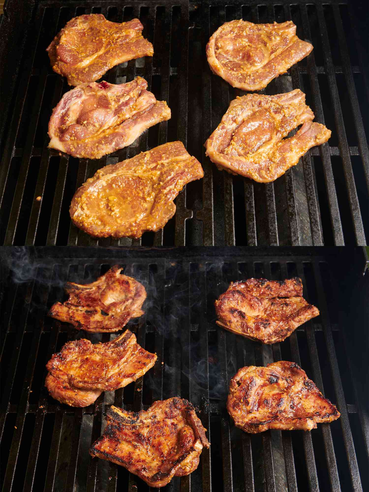 Pork chops grilling directly over high heat and pork chops turned over on grill, showing the now-grilled side