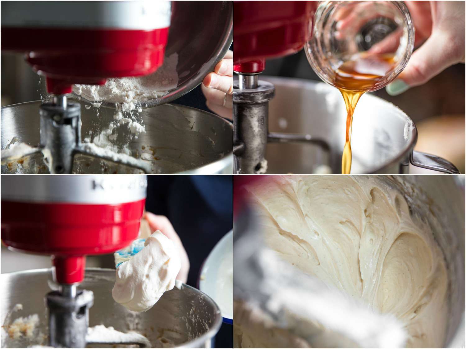 A collage of adding flour, vanilla, and sour cream to the cake batter.