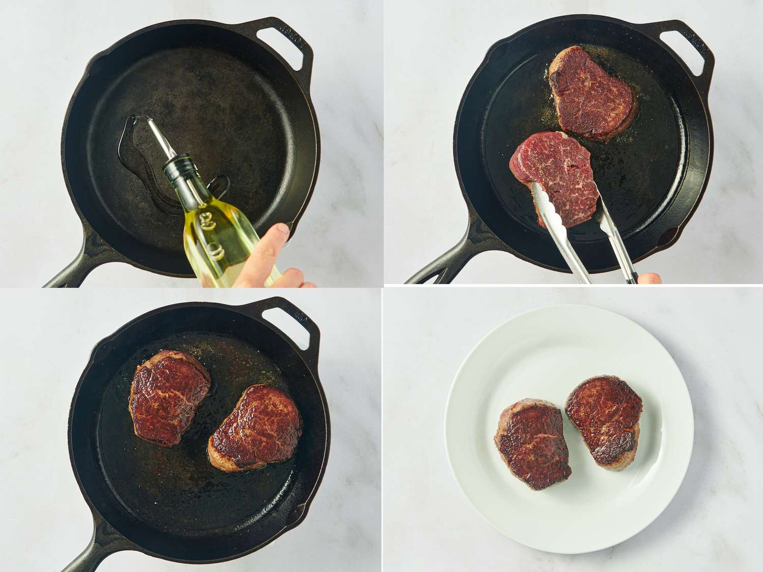 Steps showing the preparation and cooking of steaks in a skillet, ending with two cooked steaks on a white plate