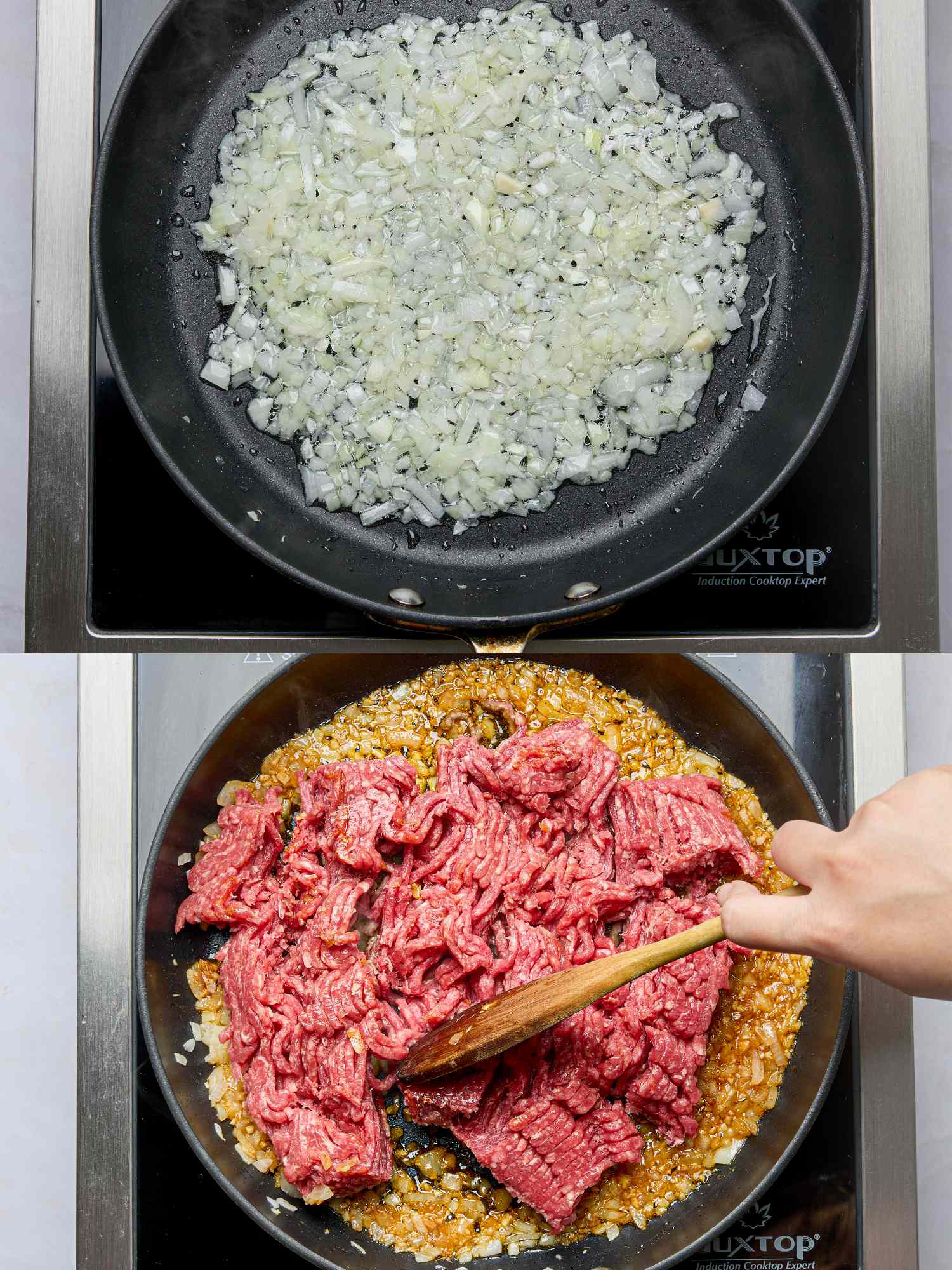Twopanel image of a cooking process top panel shows a pan with sautd onions bottom panel shows ground meat being added to the pan