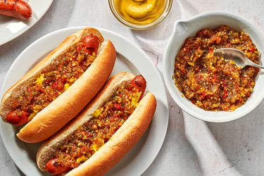Hotdogs topped with sweet cucumber relish