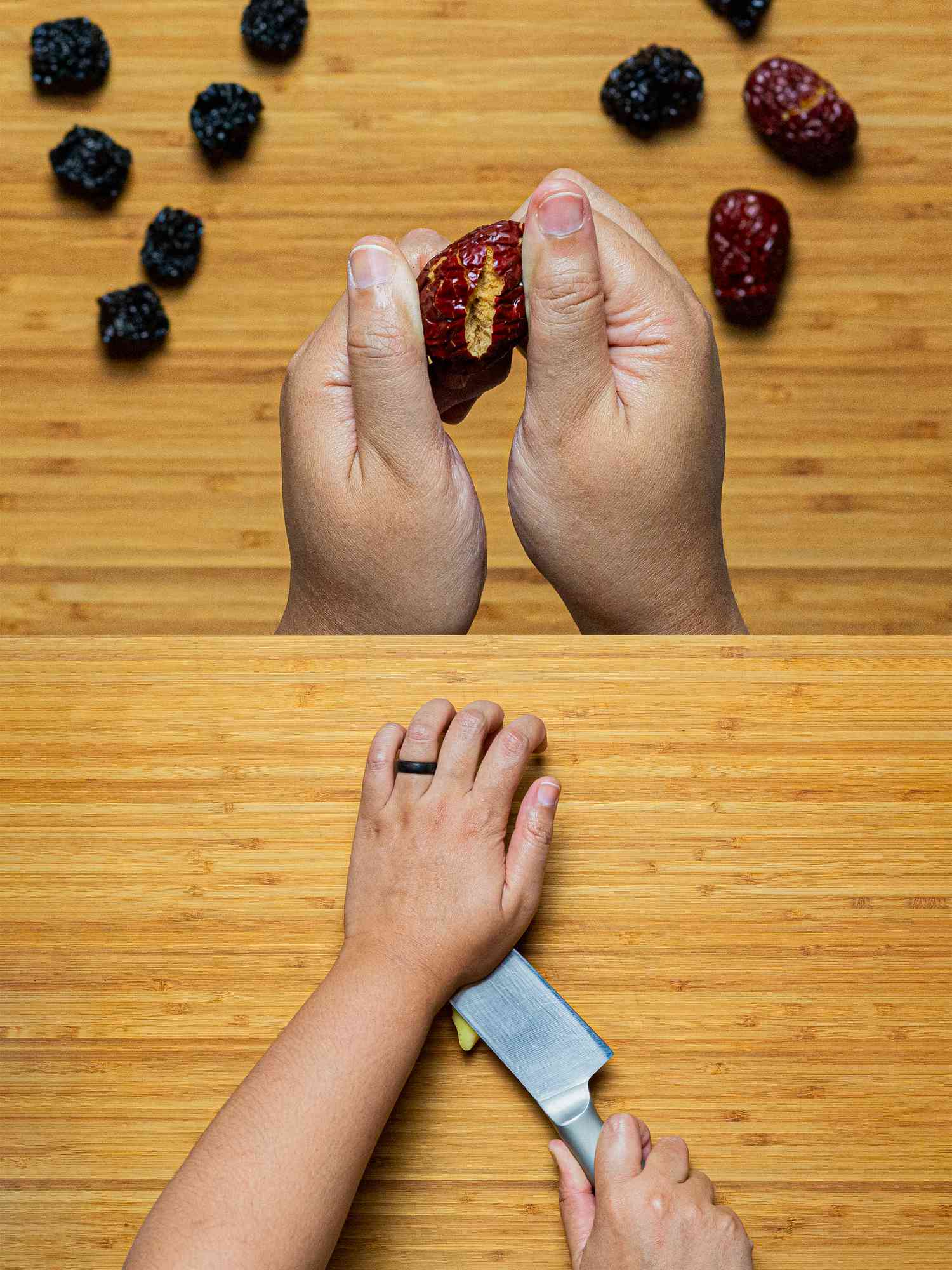 Two image collage of bruising fruit and smashing ginger