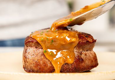 Side view of Steak Diane