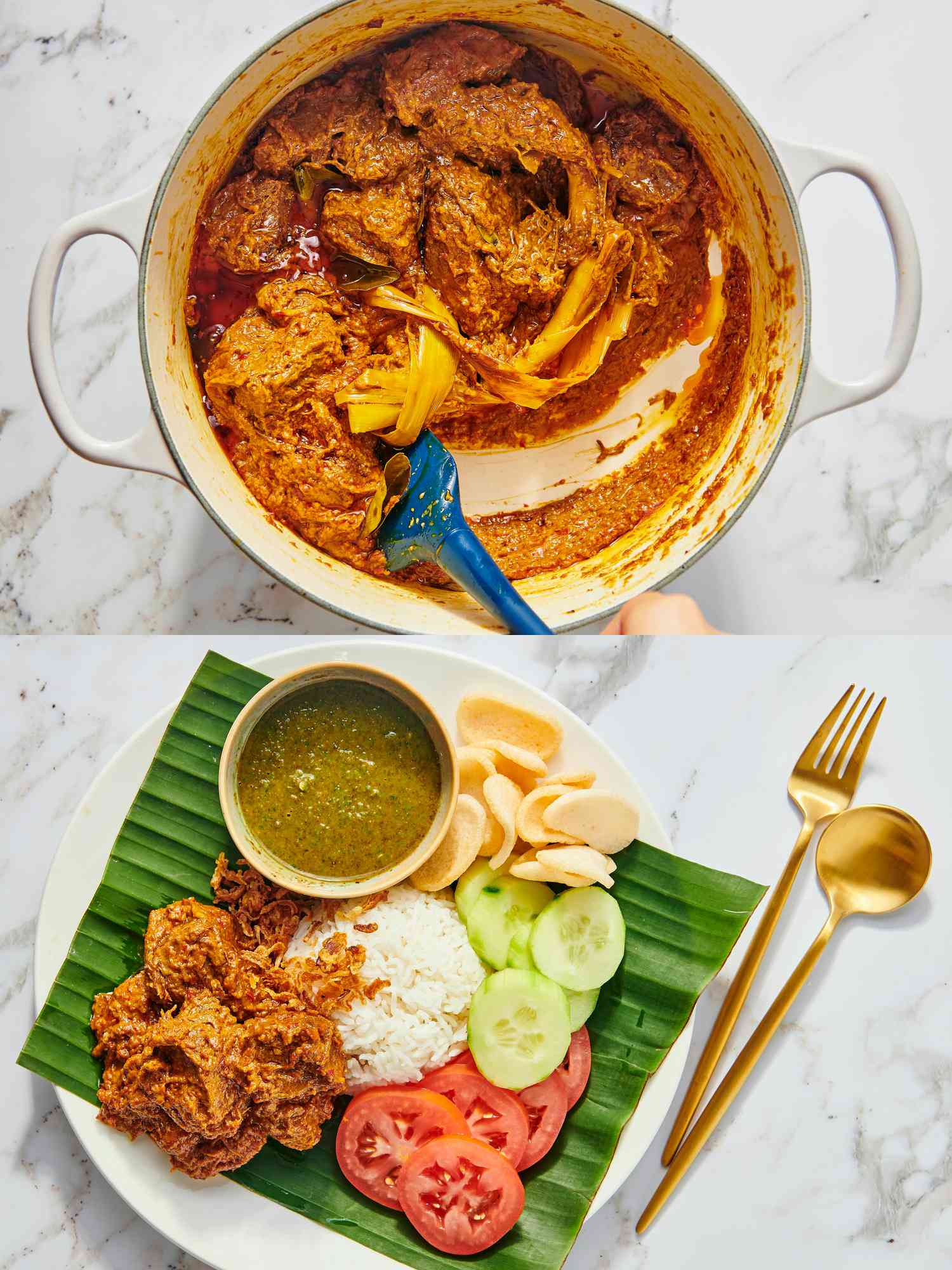 2 image collage. Top: scraping bottom of pot of Beef randang after it has reduced 45 min - 1 hour. Bottom:Serving of Beef Rengand with fresh cucumbers, tomatoes, shrimp crisps on a banana leaf with gold cutlery 