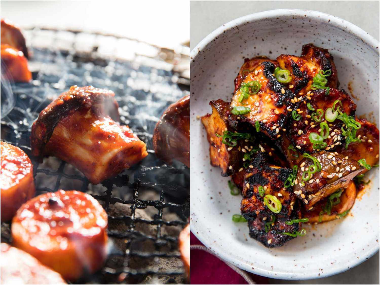 Side by side pictures of spicy Korean-style mushrooms on the grill and plated with sesame seeds and chopped scallion.