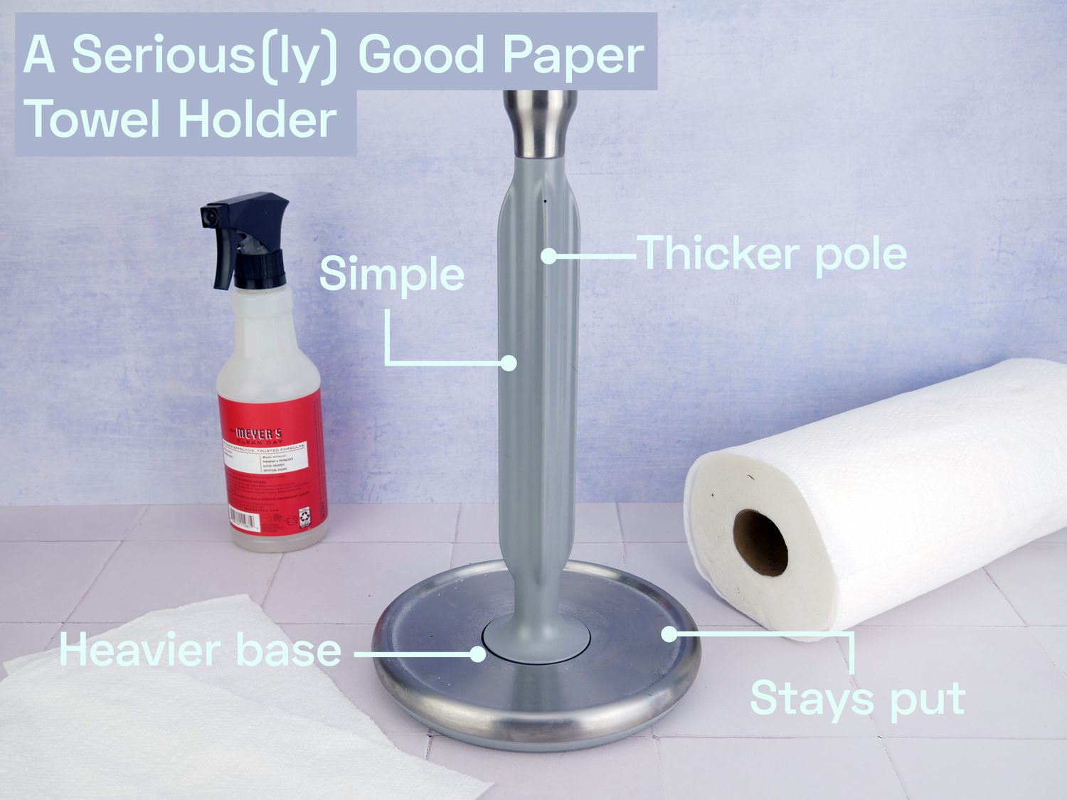 oxo sturdy paper towel holder with a roll of towels and cleaning spray