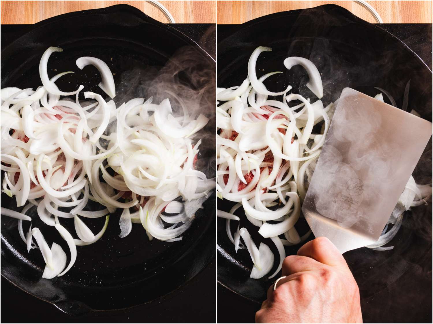 collage: onions added to tops of burgers; spatula flattening them into patties