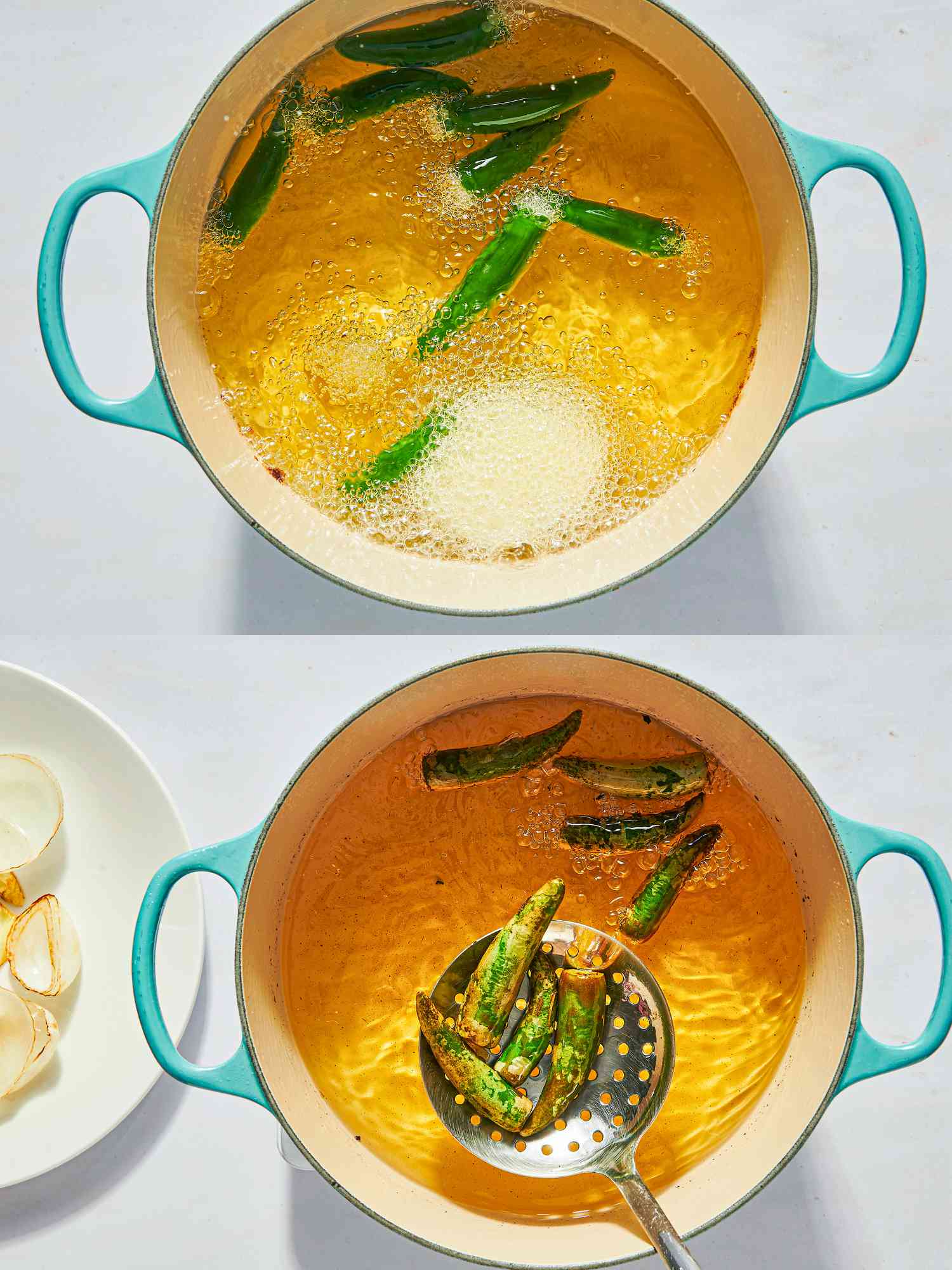 Two image collage of frying peppers