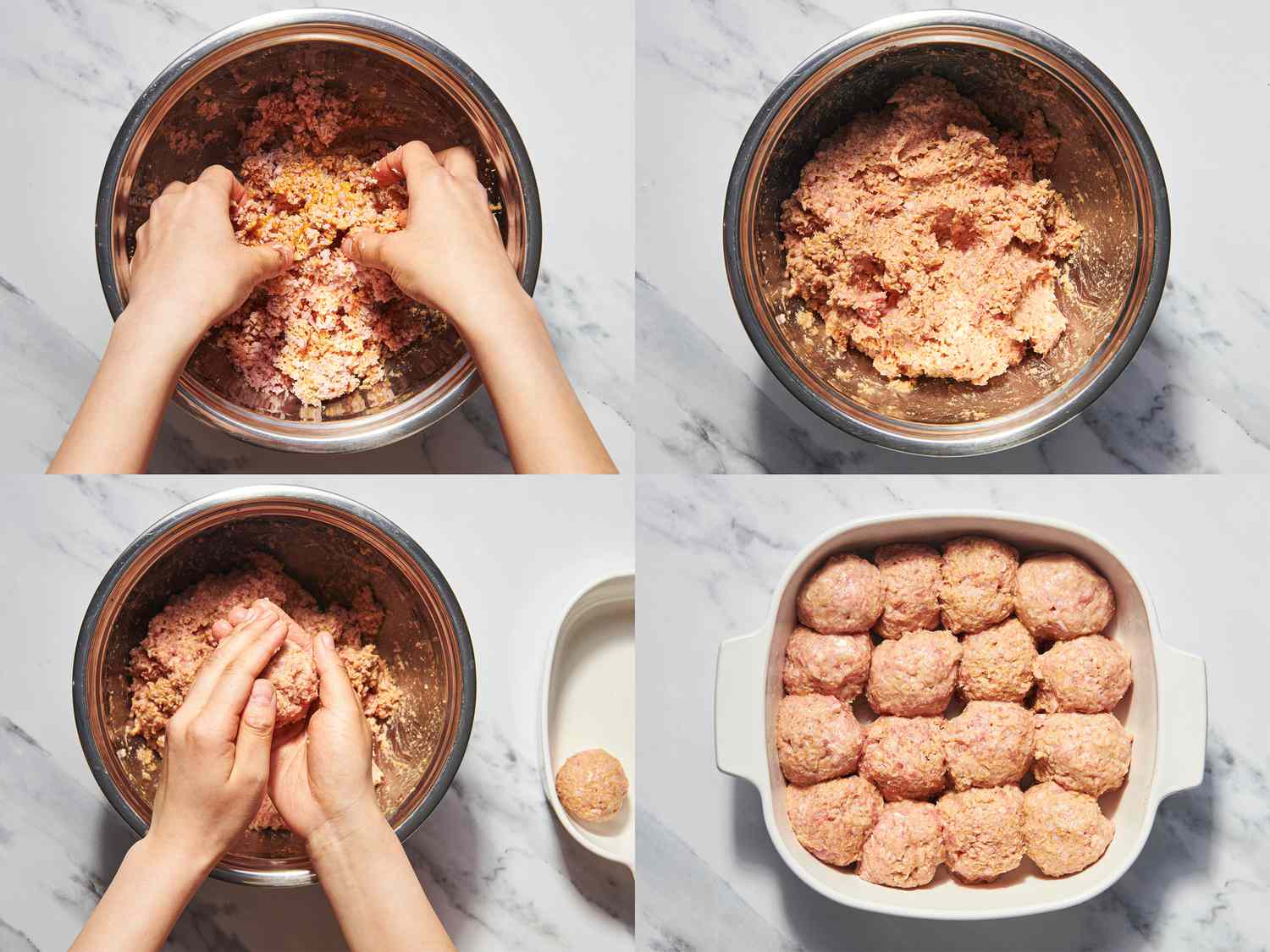 Overhead view of ham balls being formed
