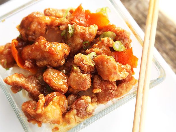 A plate of DIY orange chicken.