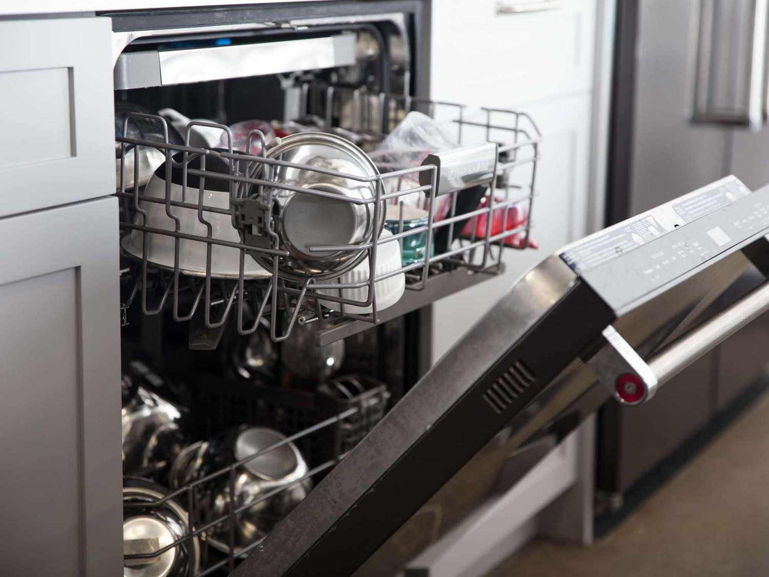 A well-loaded dishwasher.