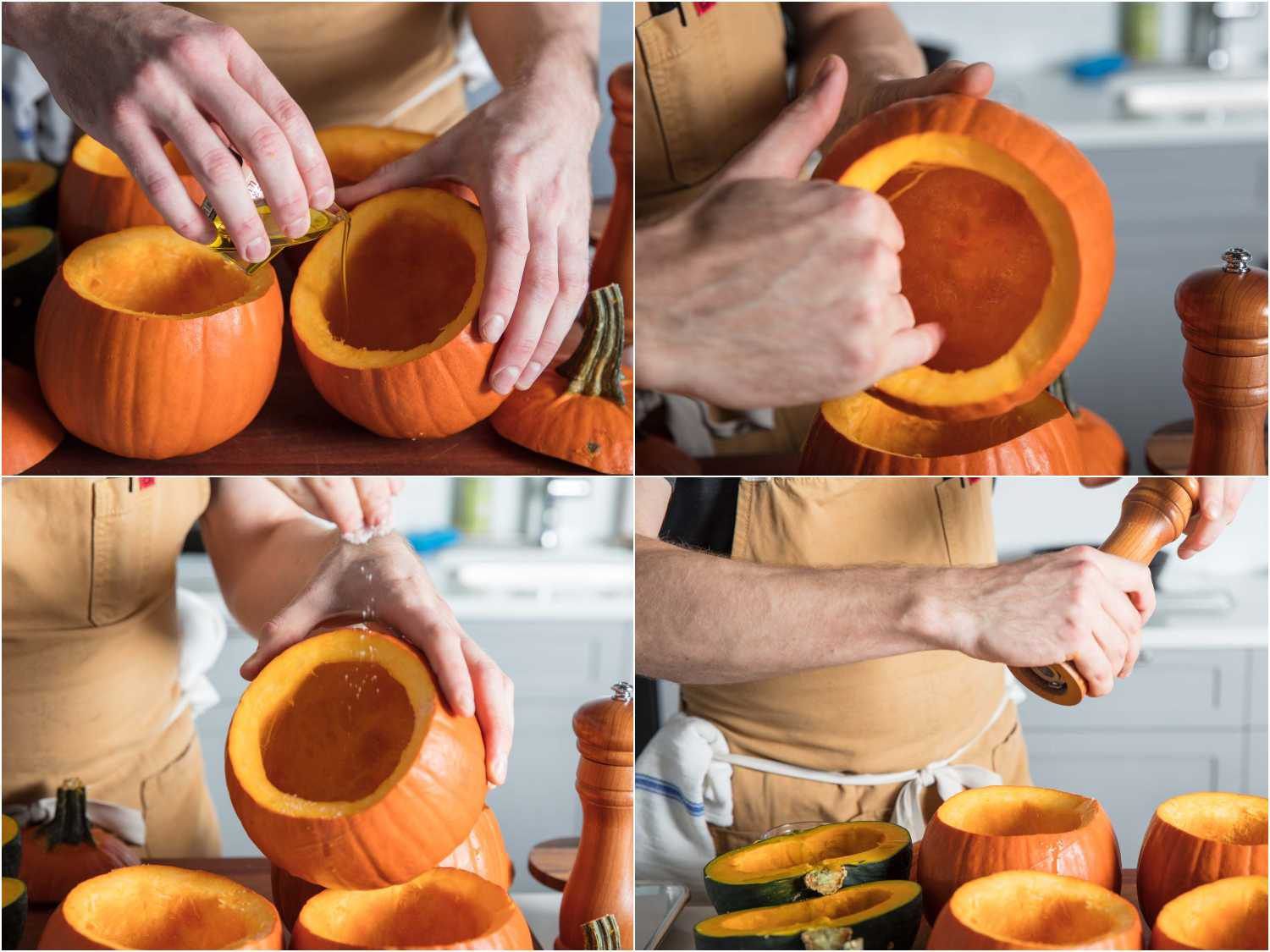 Seasoning and oiling sugar pumpkins and squash for roasting