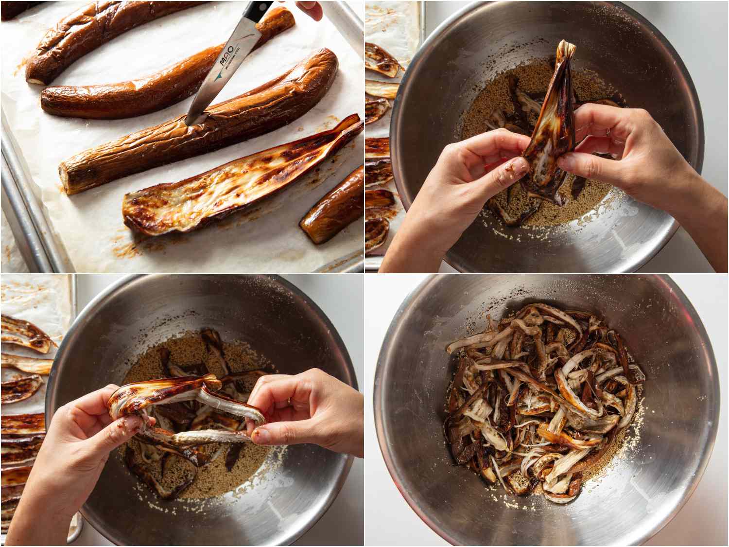 Collage showing eggplant being torn into long strips and adding to bowl with dressing.