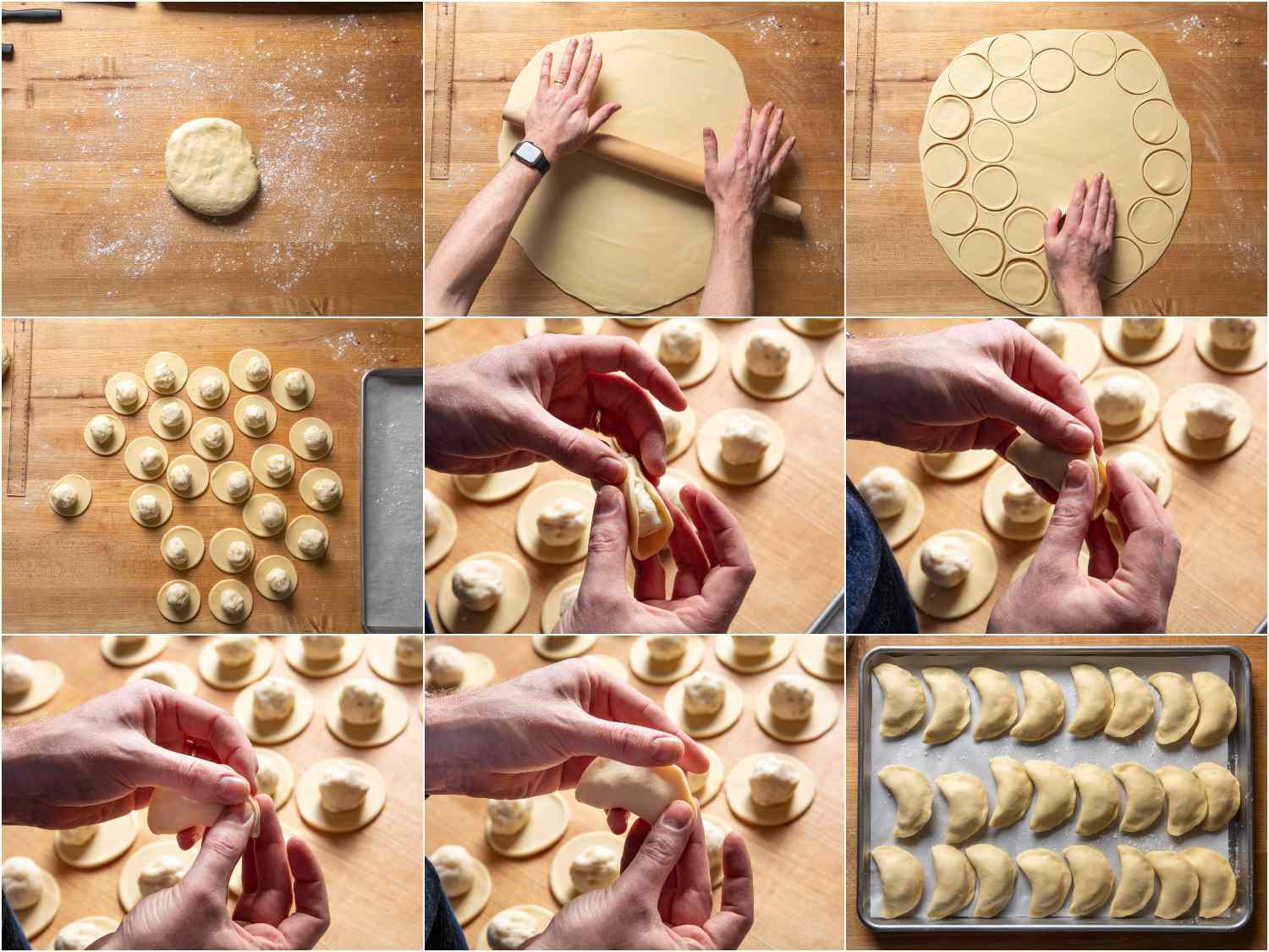 Rolling out dough, filling, and forming pierogi.