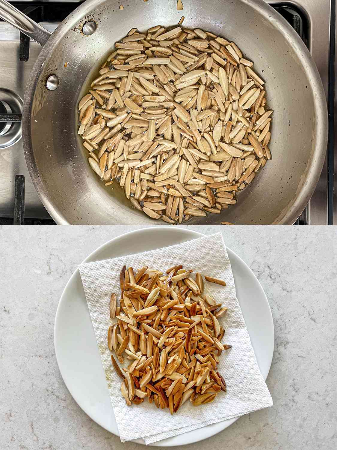 Slivered almonds toasting on a stovetop.