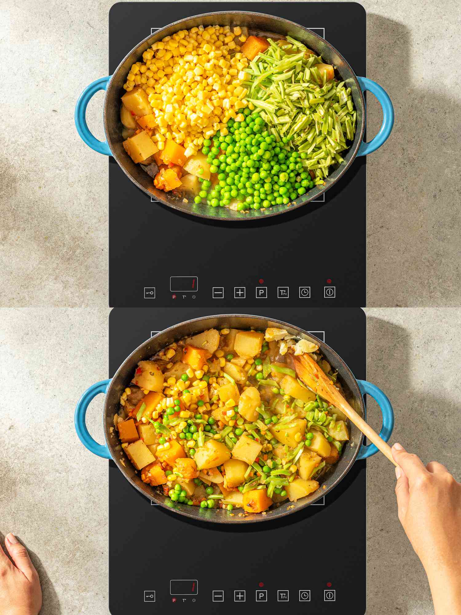Two image collage of adding peas and corn and stirring to combine