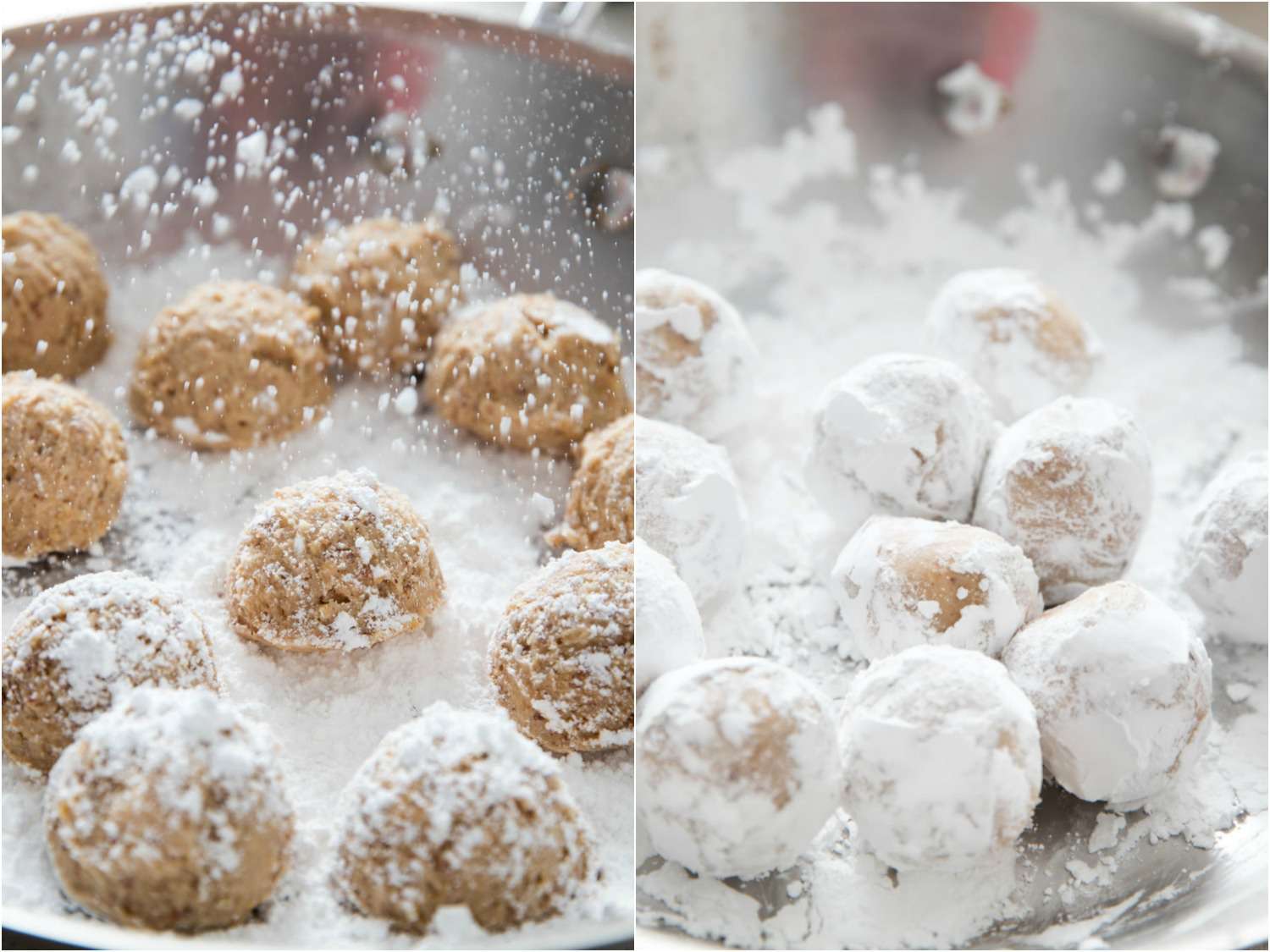 Collage of a skillet full of raw cookie dough balls being sprinkled and tossed with powdered sugar.