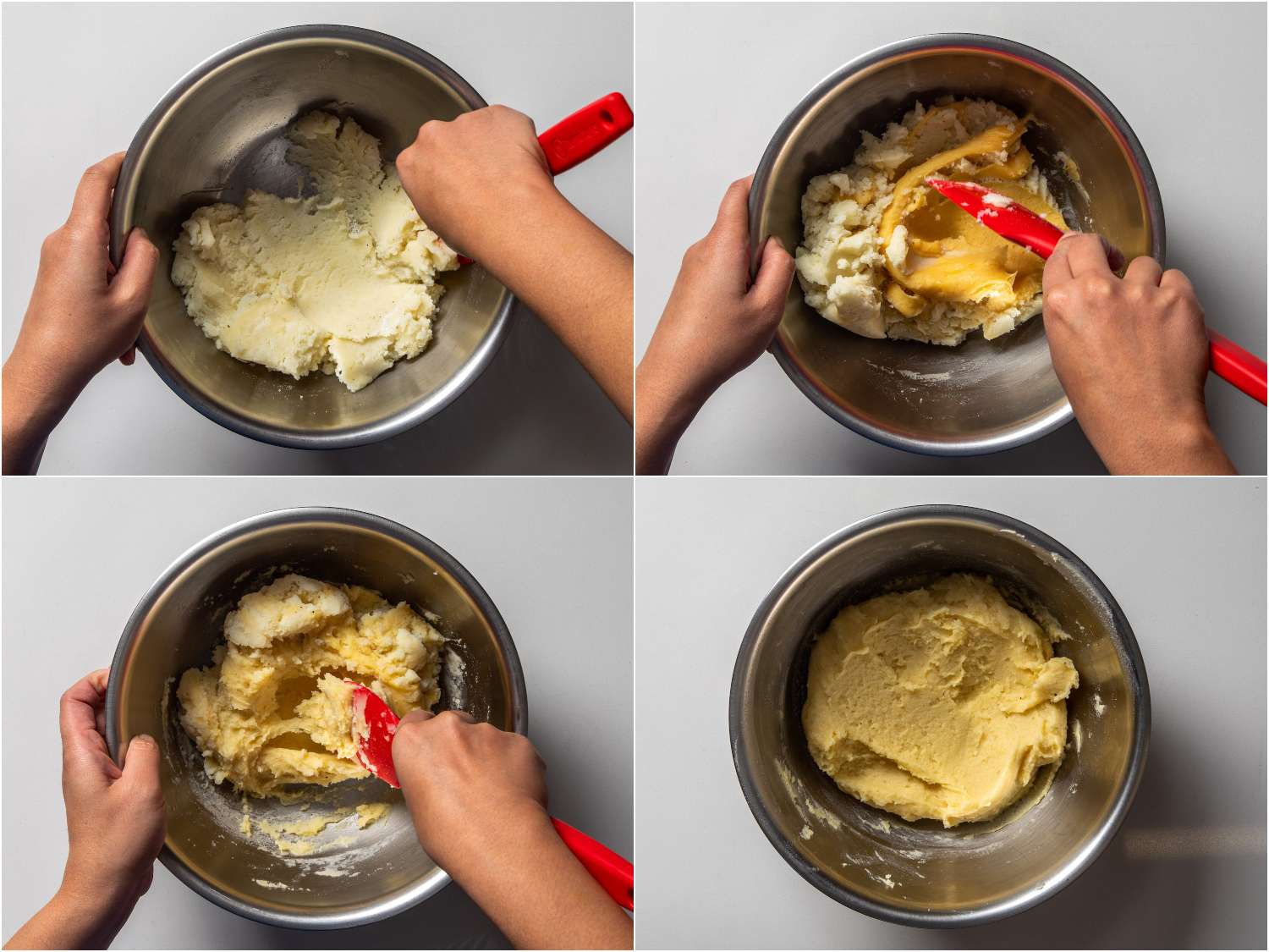 combining riced potatoes and choux pastry