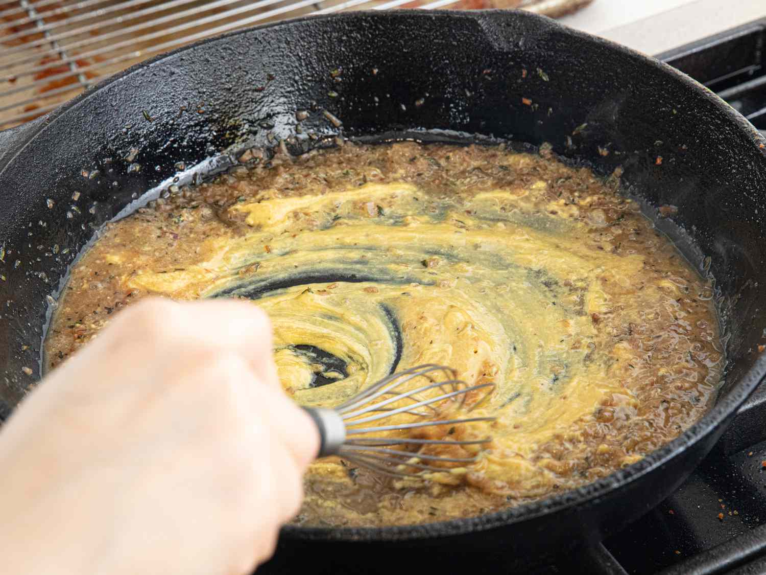 Overhead view of pan sauce