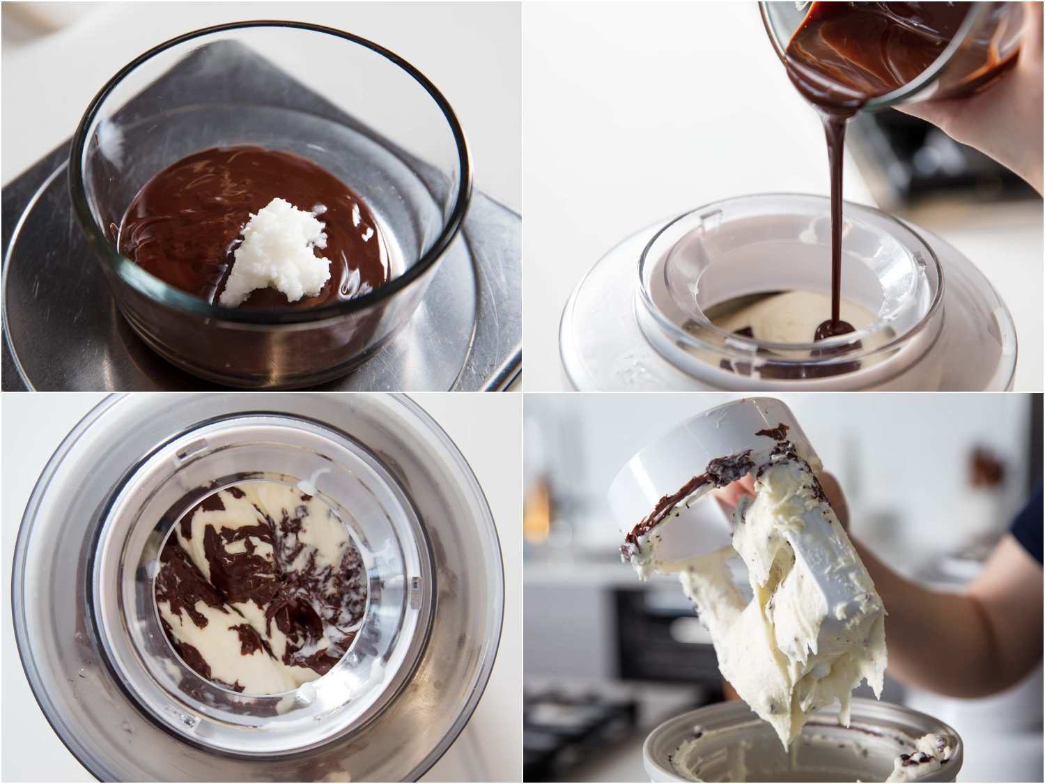 Collage of four images showing the traditional method for making stracciatella, where melted chocolate is poured into the churning base.
