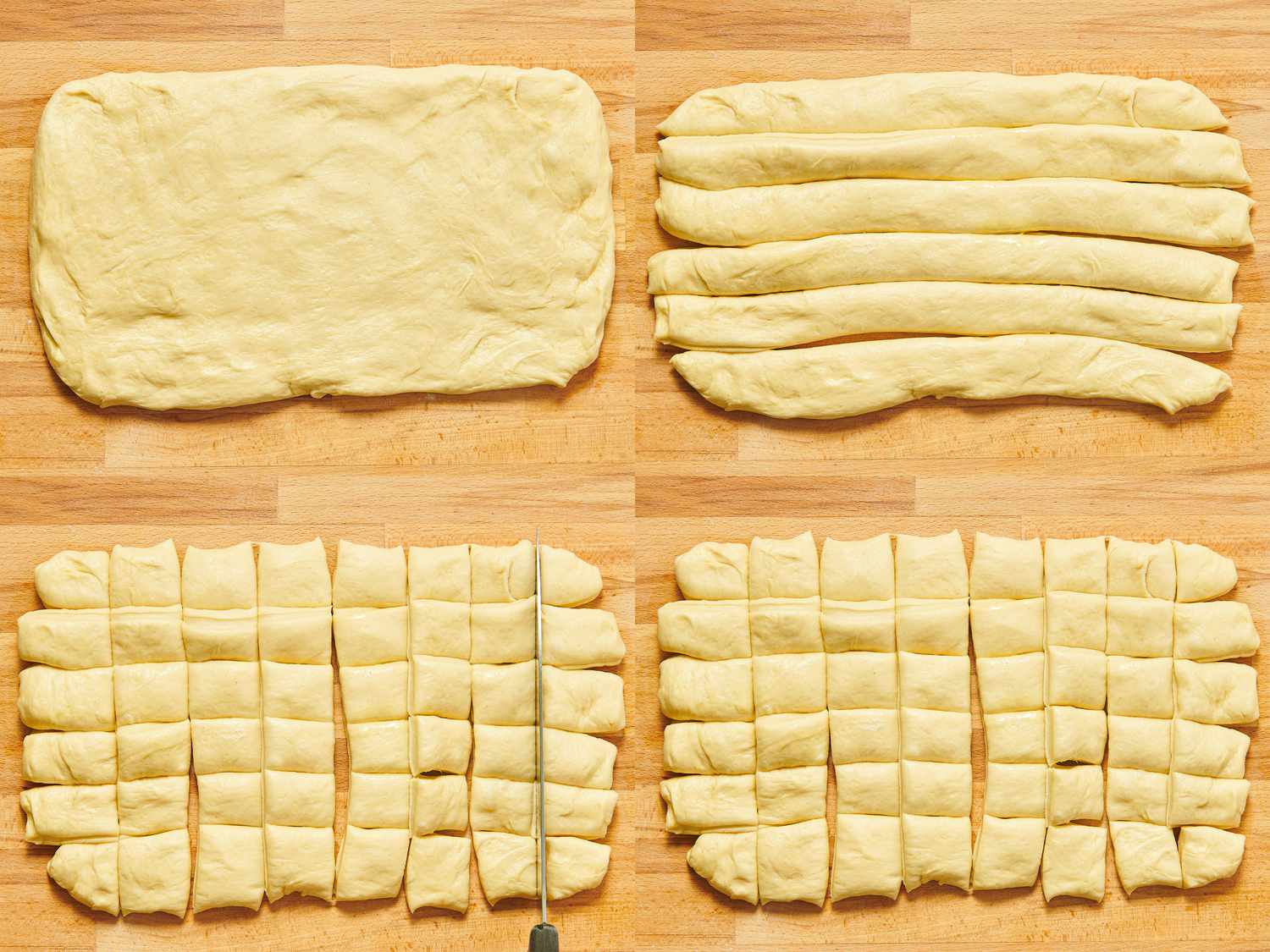 Steps for cutting dough into strips and small sections for monkey bread preparation, illustrated in four steps