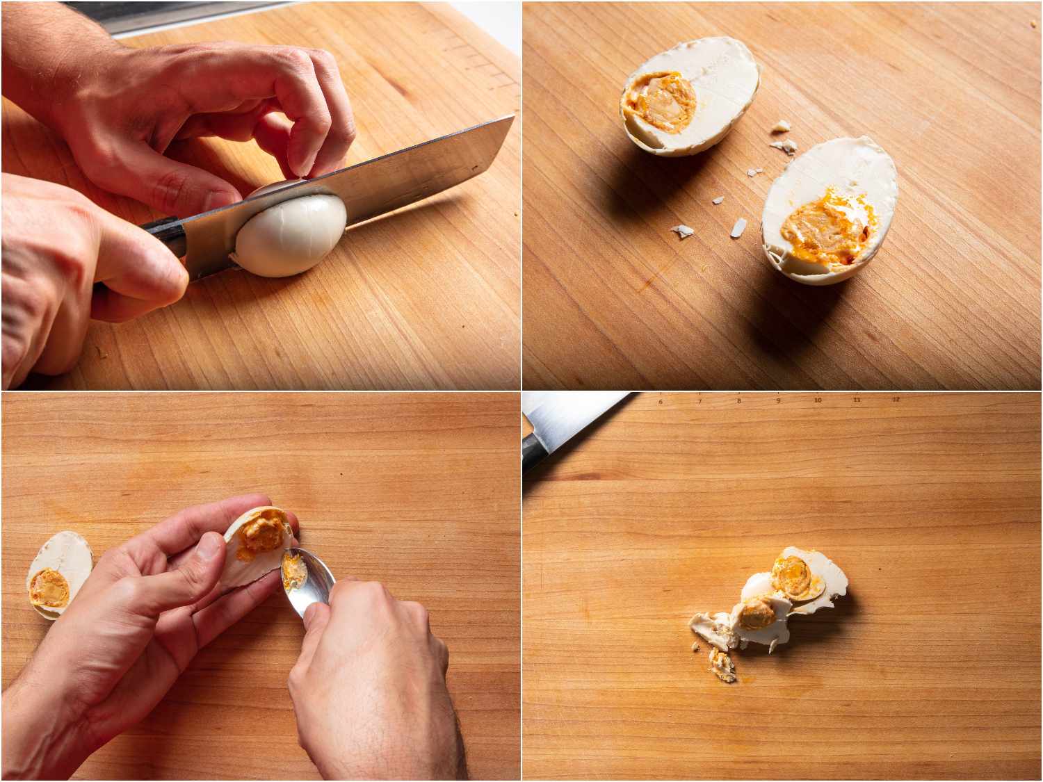 Halving salted duck egg and scooping egg out of the shell.