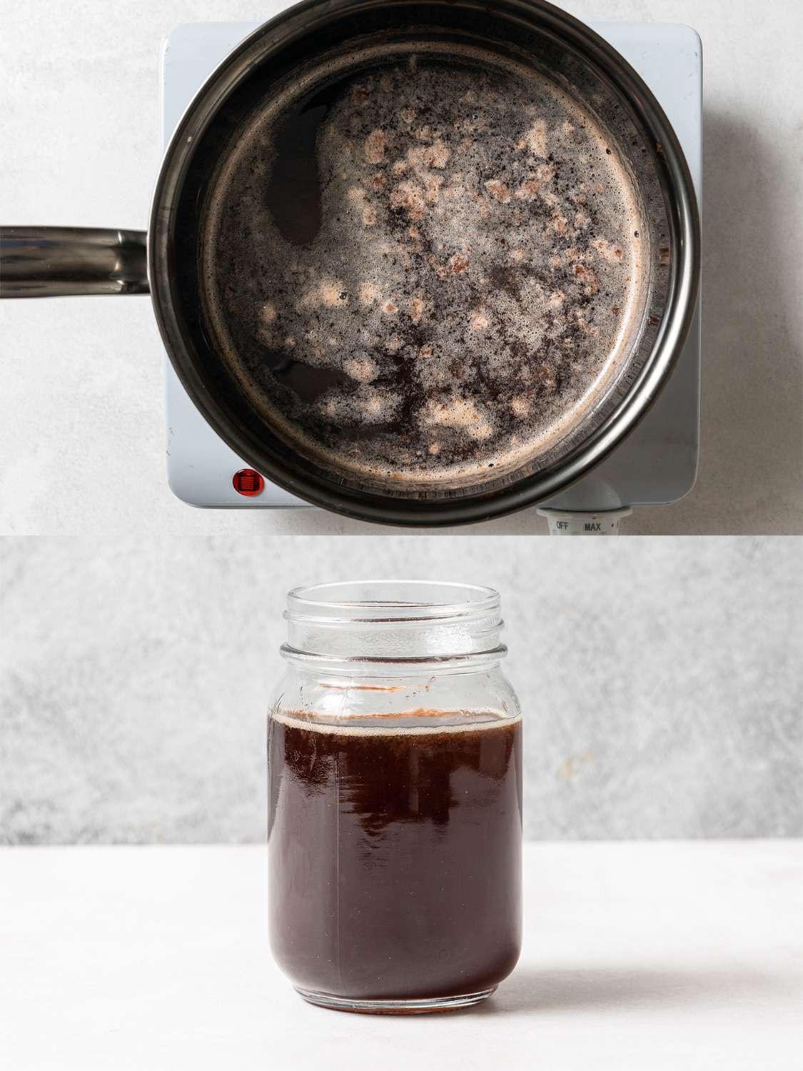 A two-image collage. The top image shows the reserved cherry juice, water, and sugar coming to a boil inside of a stainless steel saucepan. The bottom image shows the now-cooled cherry syrup inside of a separate glass Mason jar.