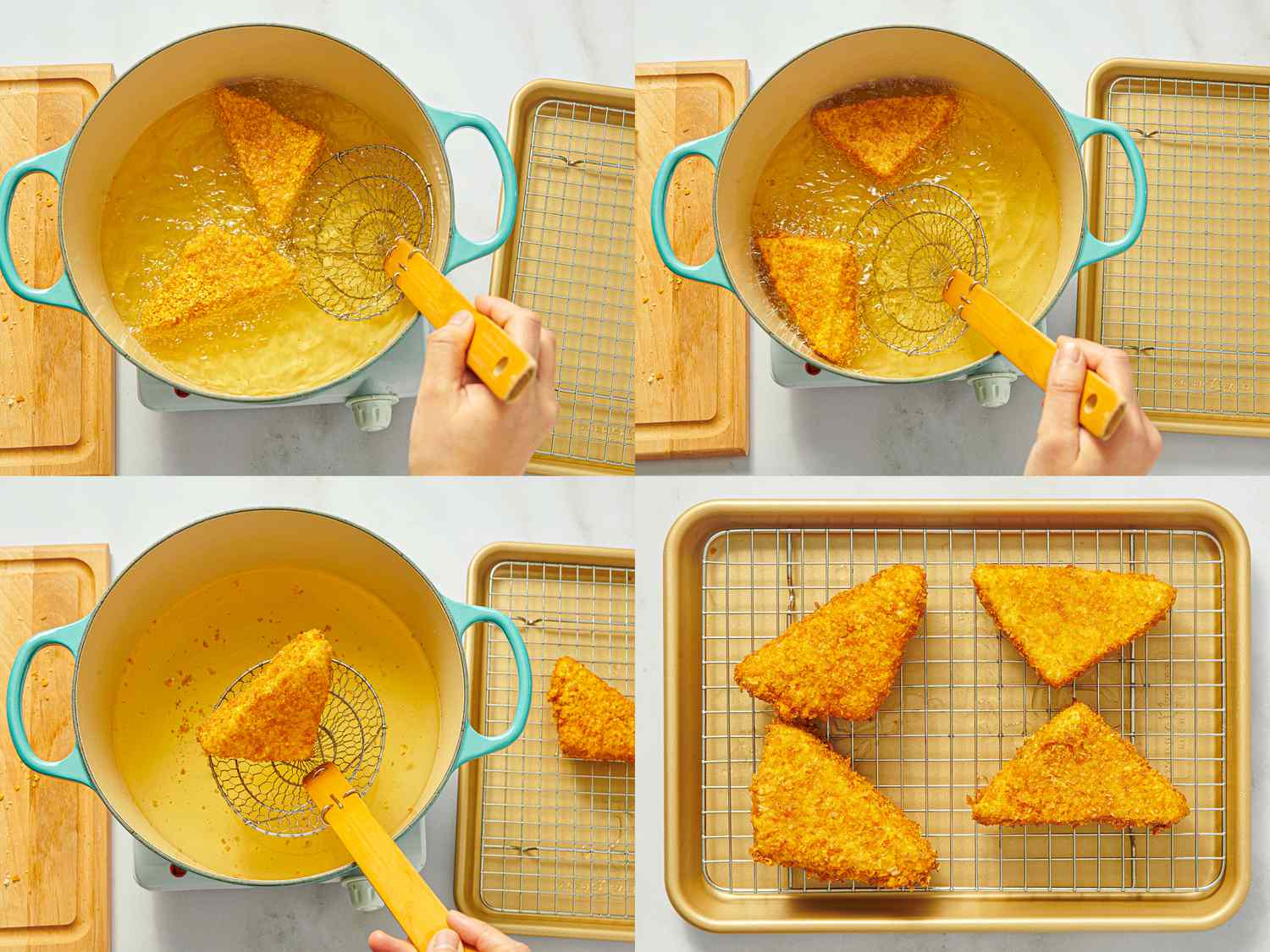 Four image collage of frying cheese frenchees