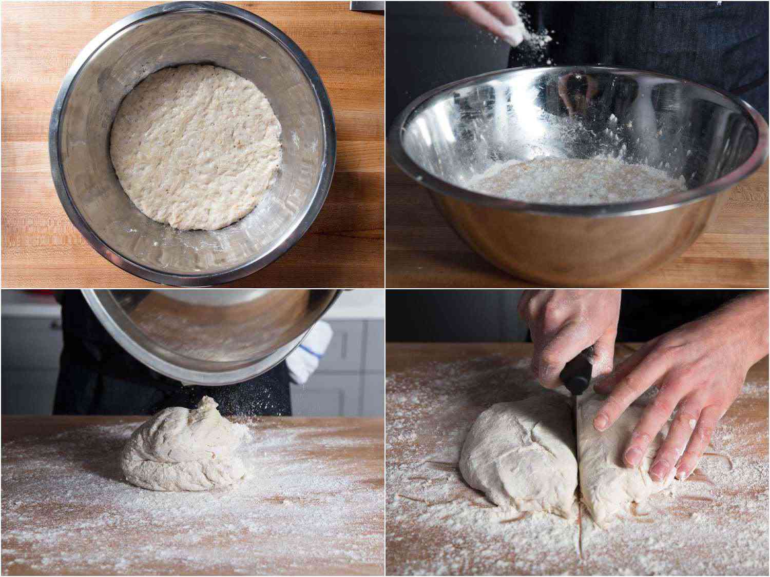 Collage of risen pizza dough being removed from bowl and cut in half.