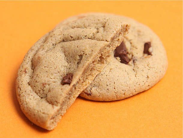 Closeup of a better batch cookie, sliced in half to reveal the interior crumb.