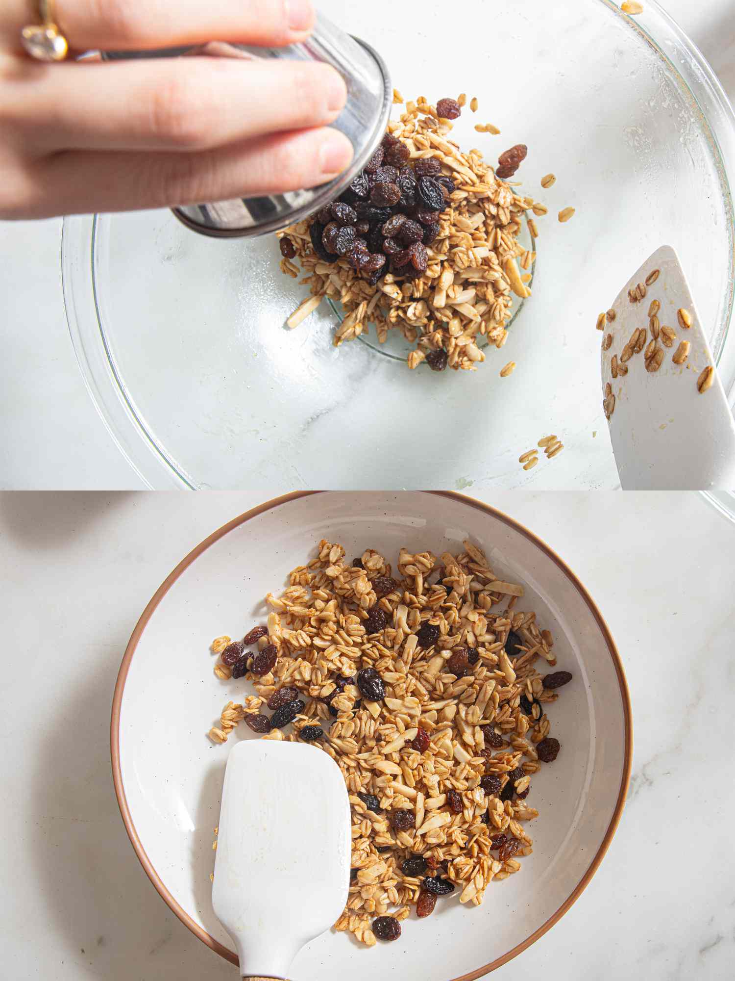 Two image collage of adding fruit and flattening granola