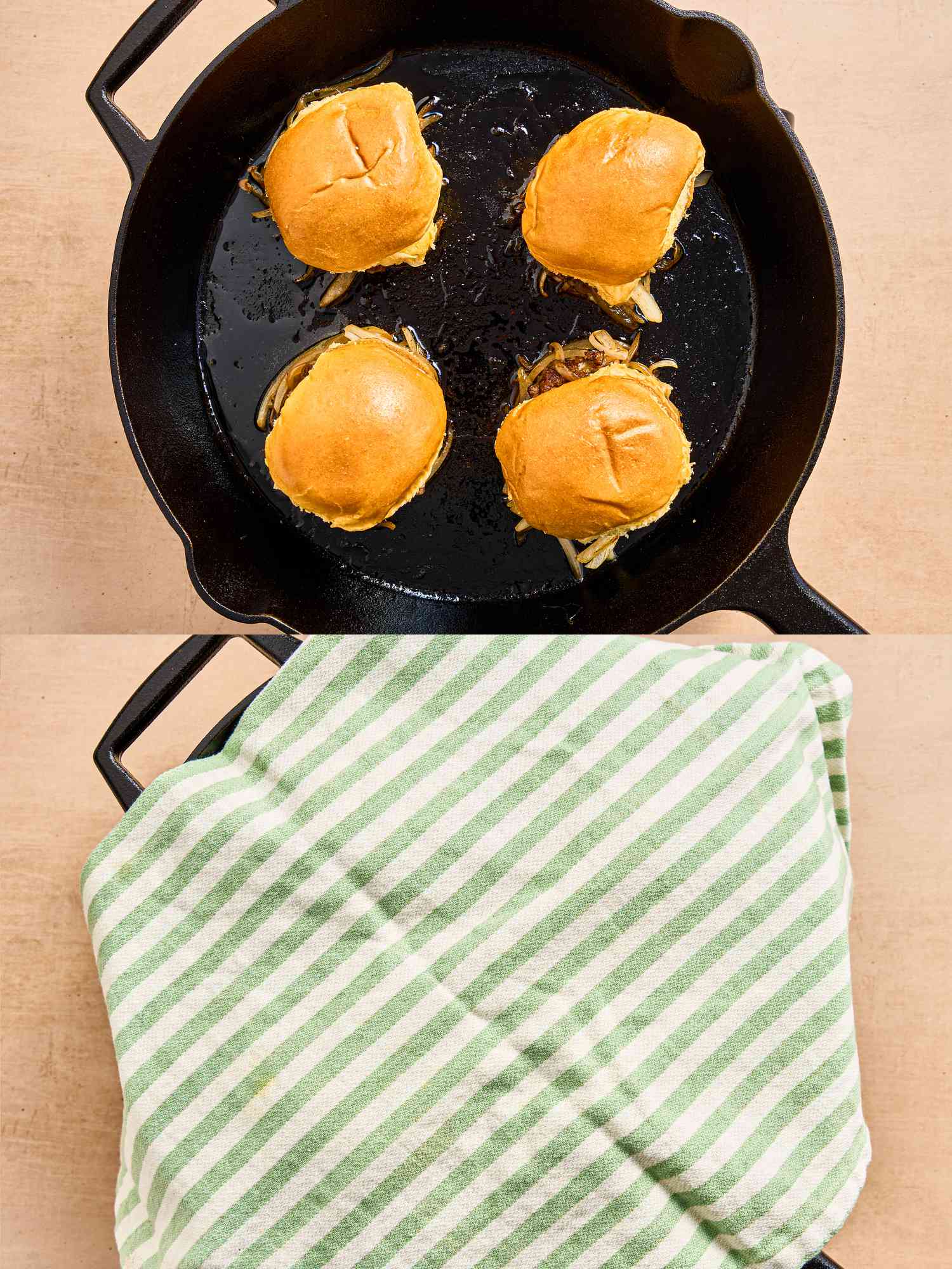2 image collage. Top: Four buns and slider meat and onions sizzling on a skillet. Bottom: covered skillet with a green and white striped kitchen towel 