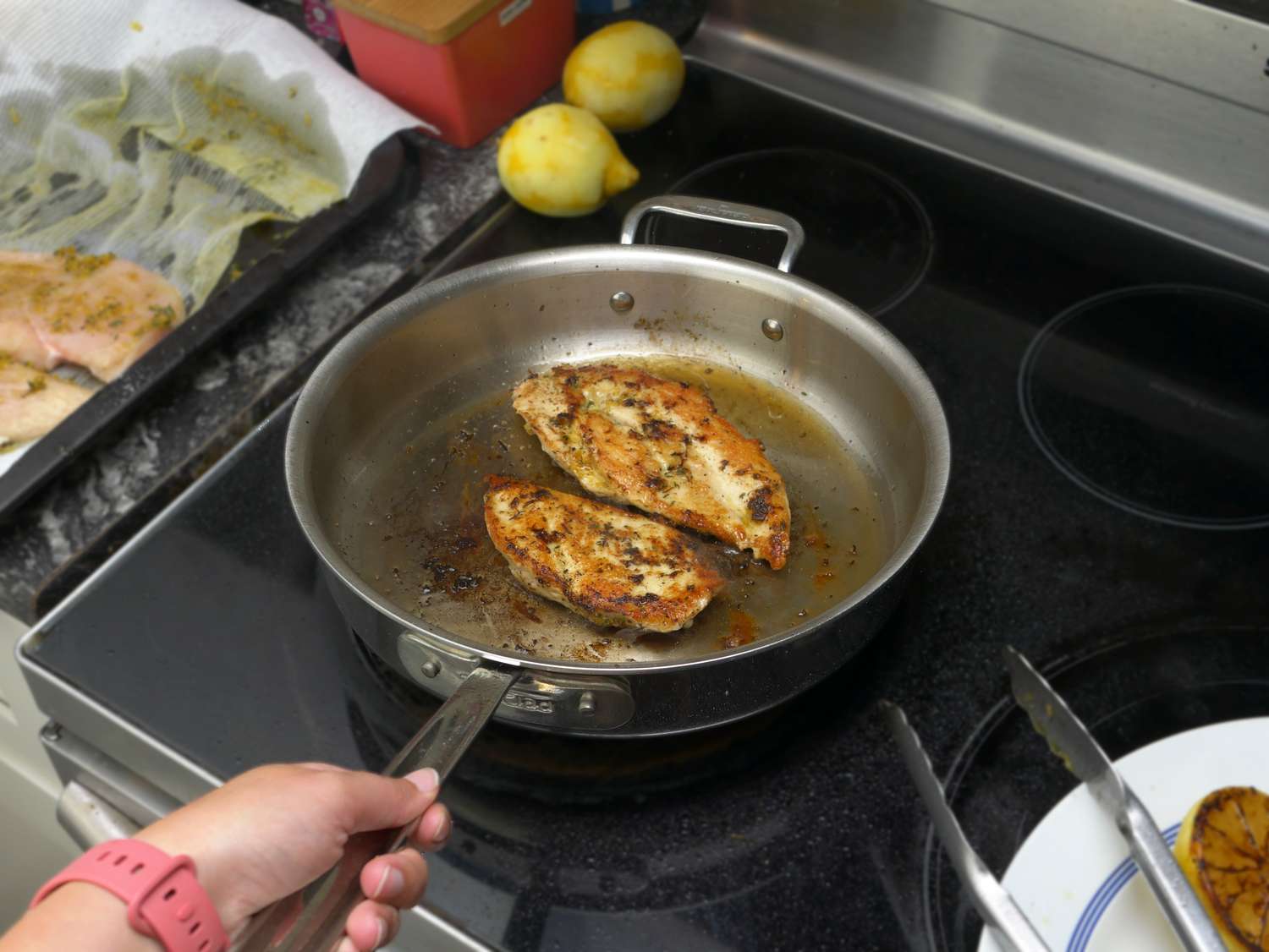 searing chicken in a saute pan