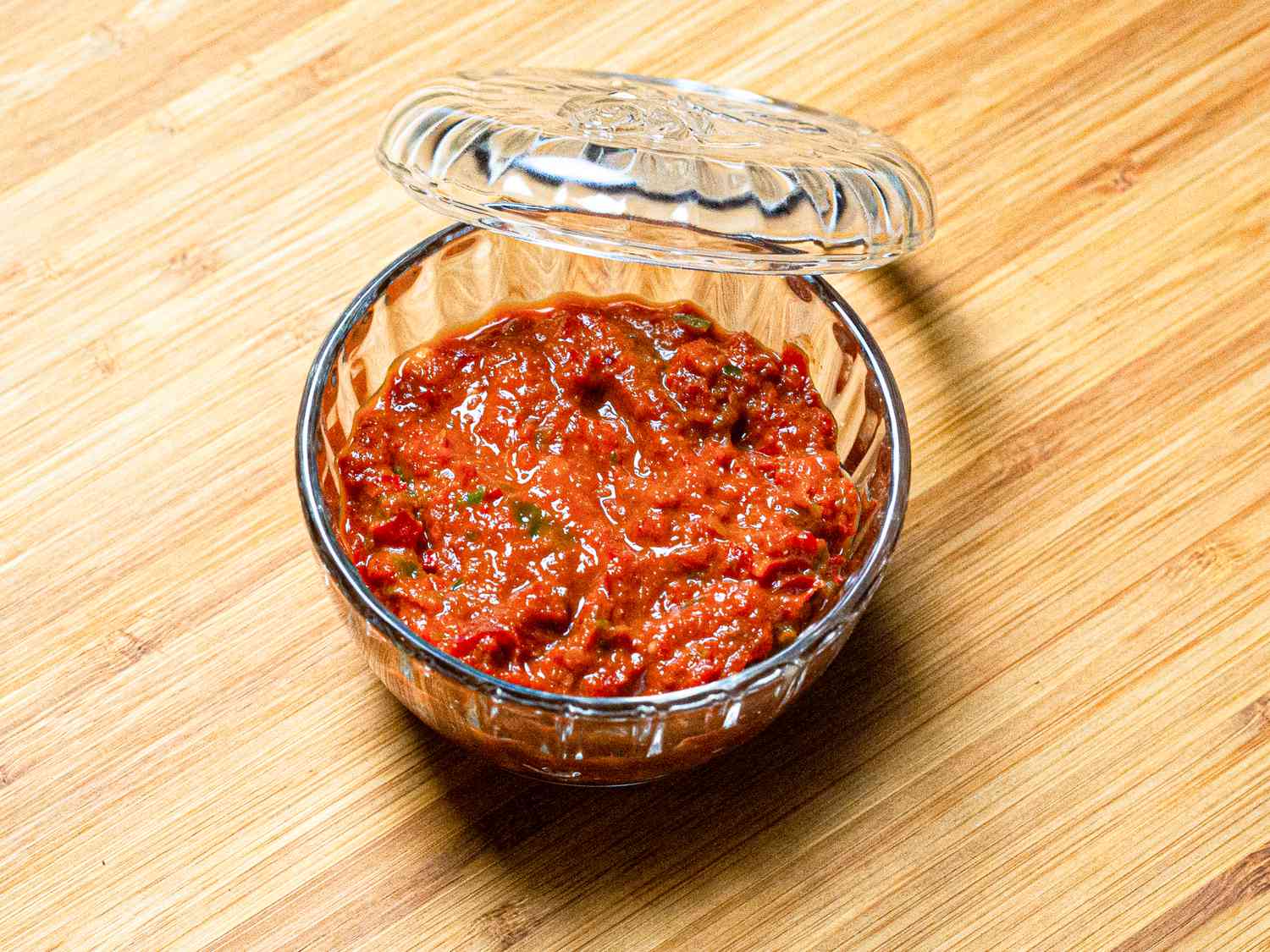 Overhead view of sambal belcan in a glass dish