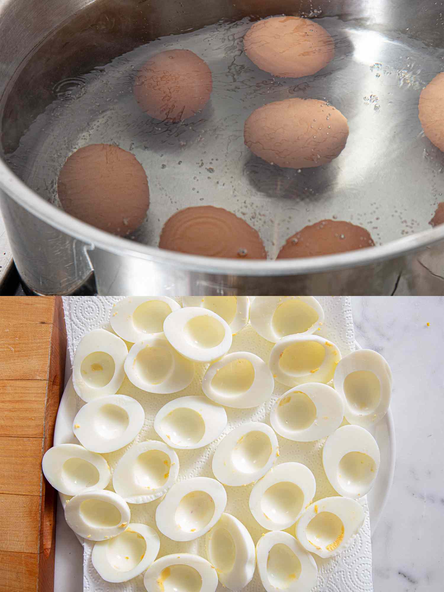 Overhead view of boiling eggs and egg whites halved