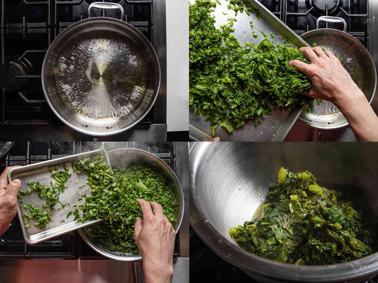 Four image collage. Clockwise from top left: ghee heating in a pot; Mustard greens being added to the pot; spinach being added to the mustard greens in the pot; cooked greens in a metal bowl