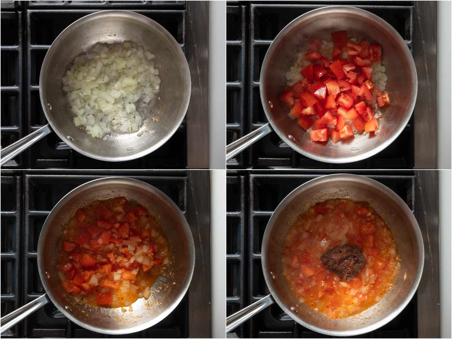 collage: onion added; tomatoes added; tomatoes and onions cooked until soft; fish paste added